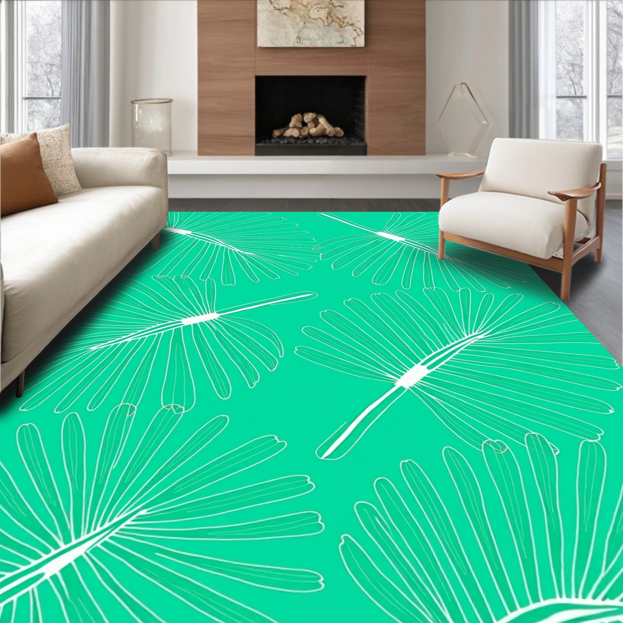 Abstract Teal Green Leaf Pattern Rug