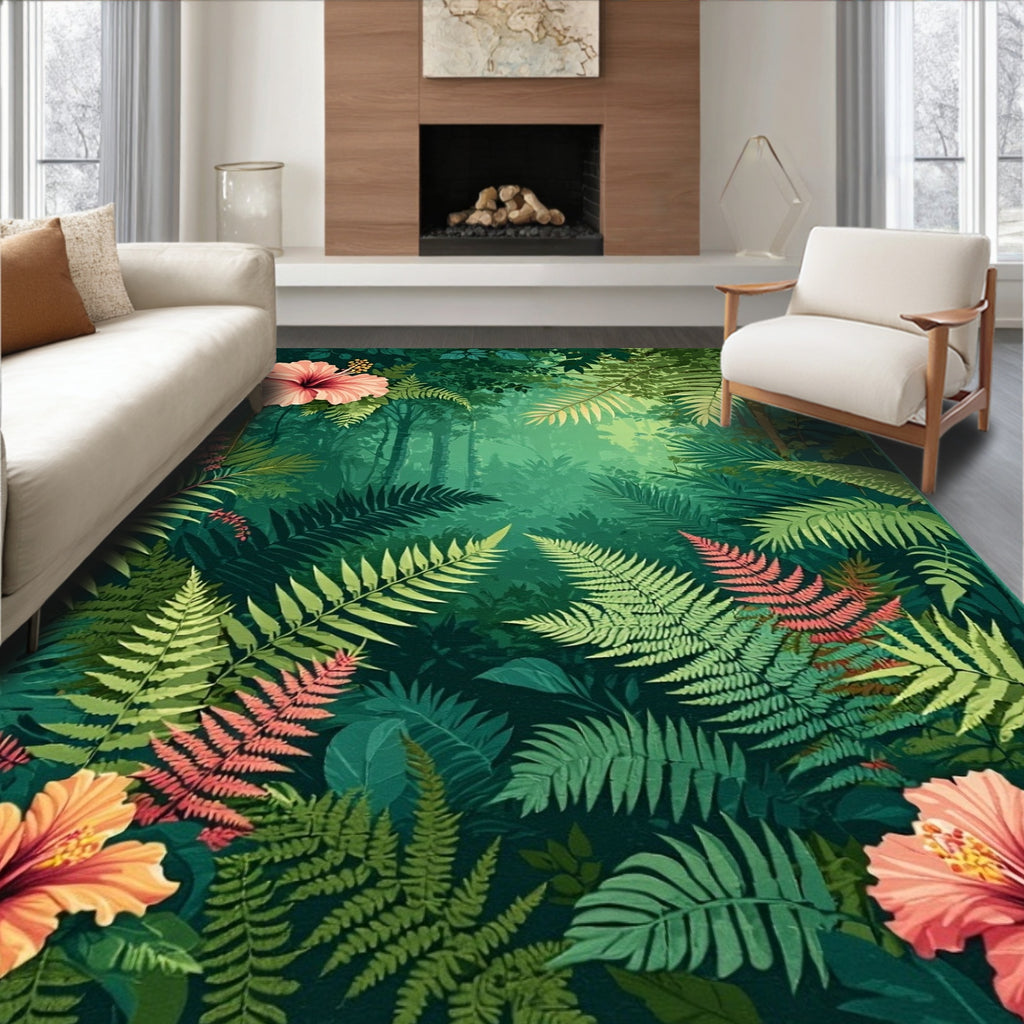 Lush Jungle Floral Fern Pattern Rug