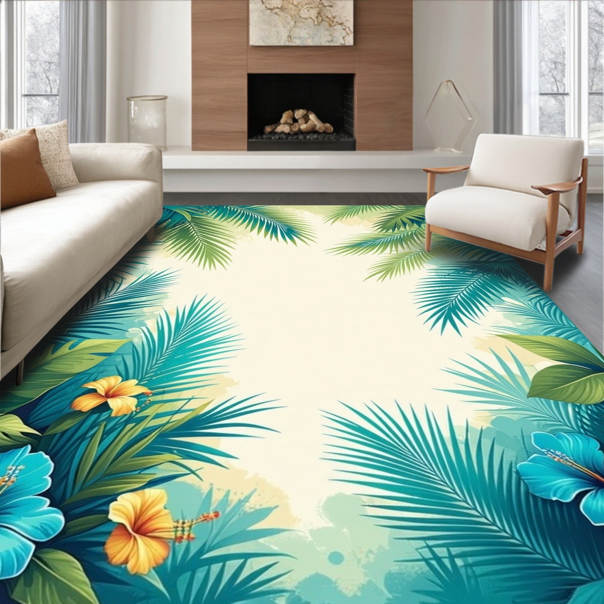 Tropical Floral Leaves Pattern Rug