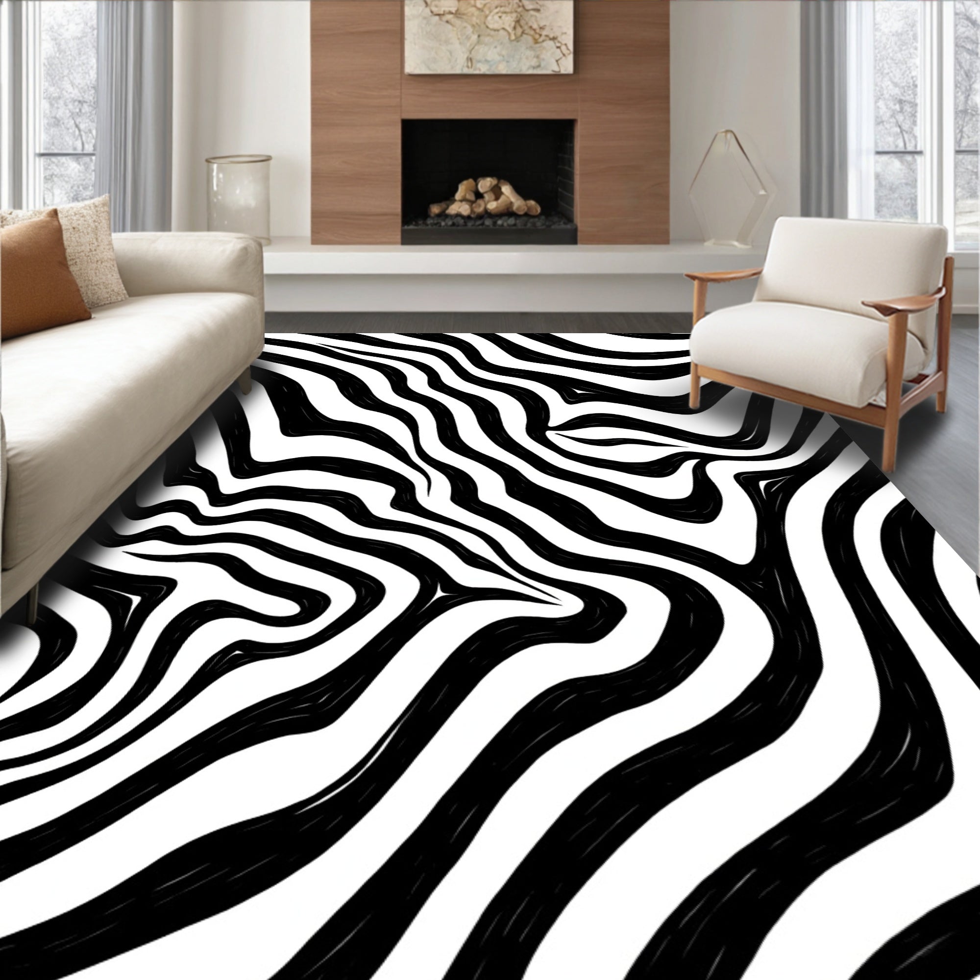 Abstract Black White Wave Pattern Rug