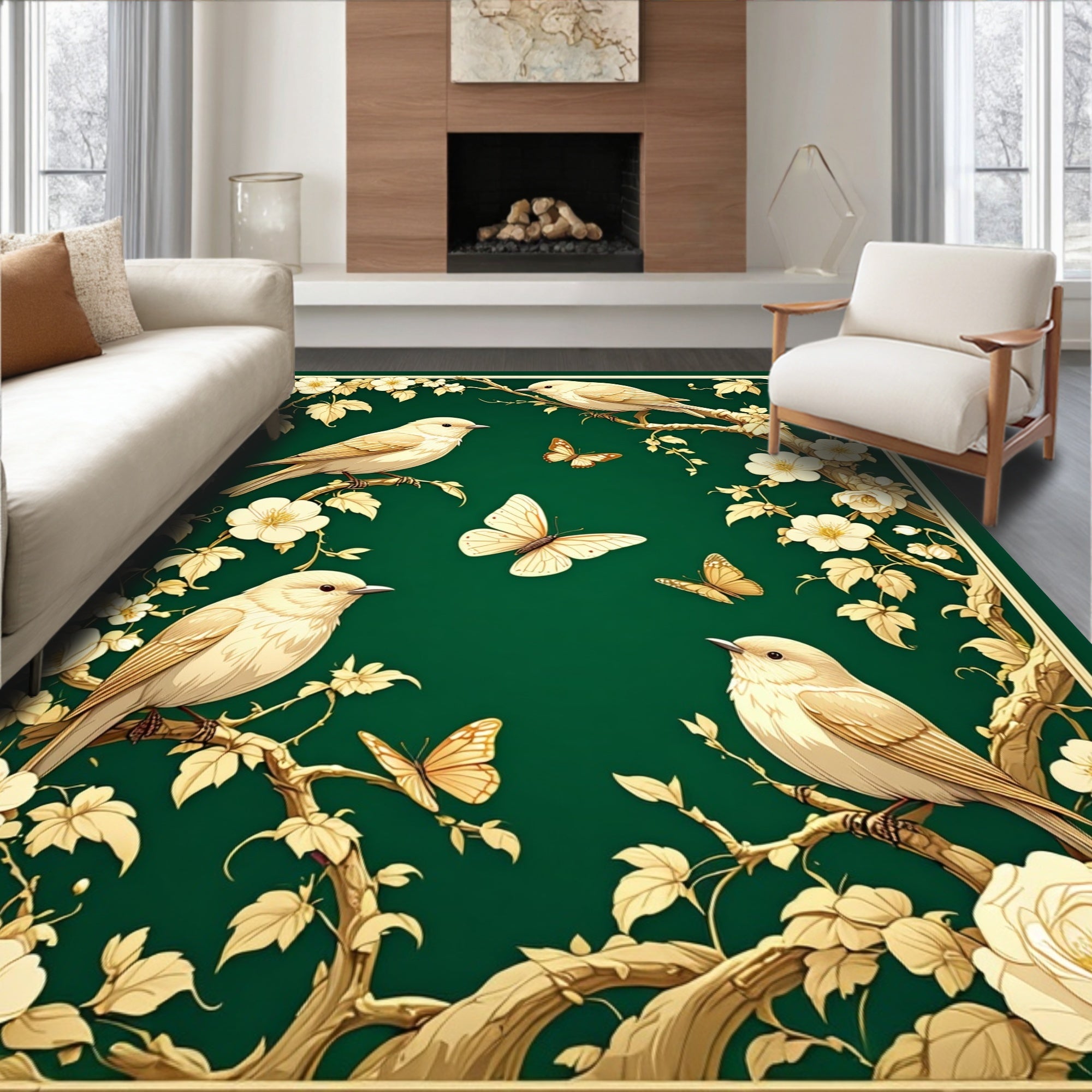 Golden Birds and Butterflies Floral Pattern Rug