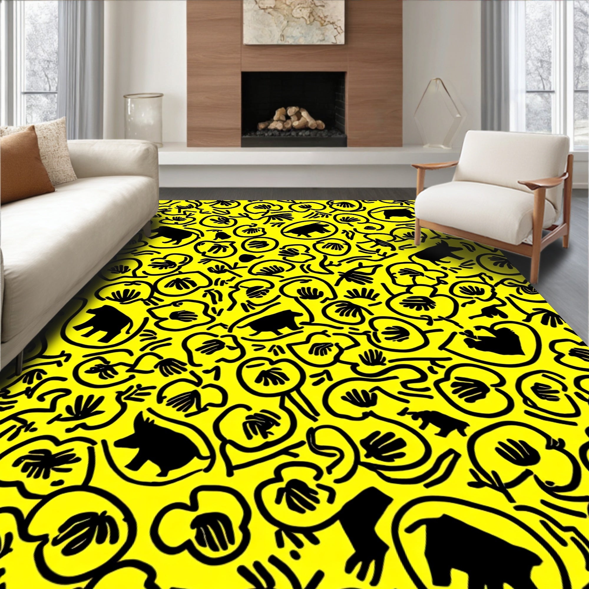 Whimsical Animal Floral Yellow Rug