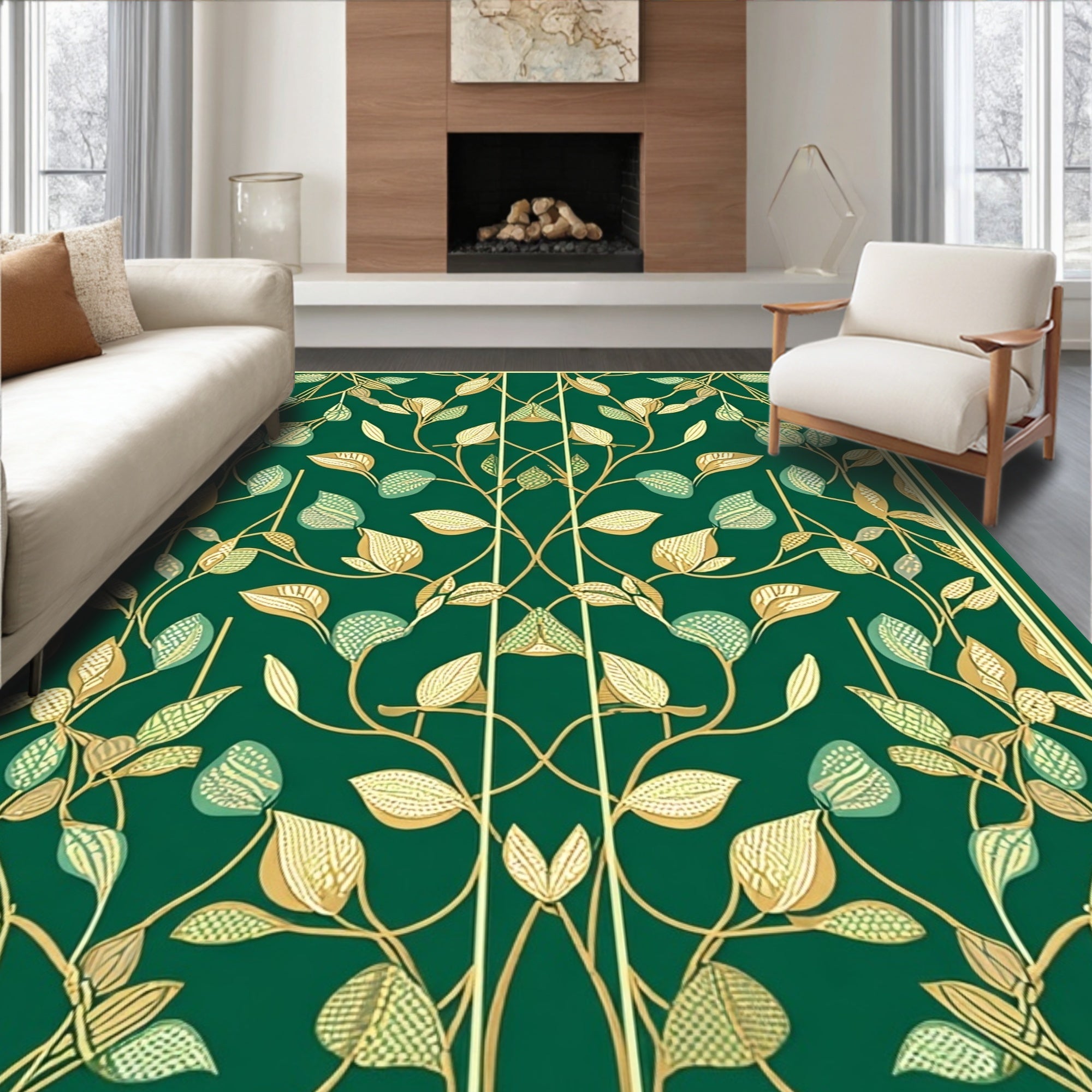 Art Nouveau Emerald Leaf Vine Pattern Rug