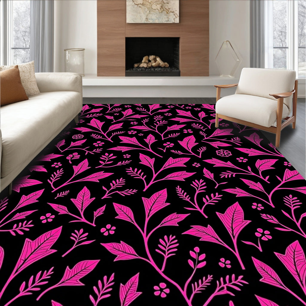 Vivid Pink Floral Garden Black Rug