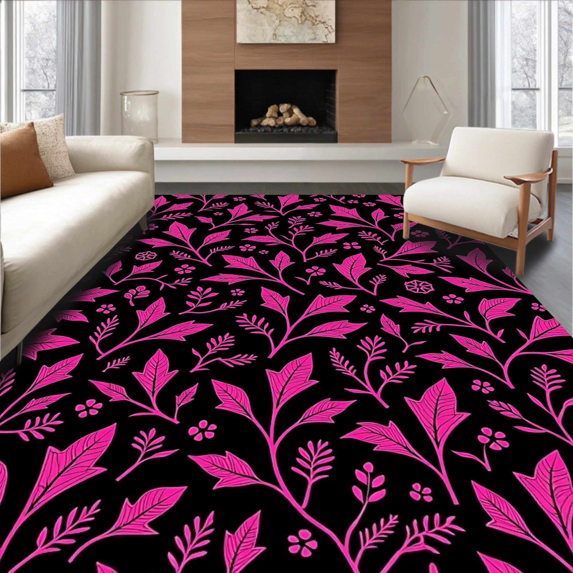 Vivid Pink Floral Garden Black Rug