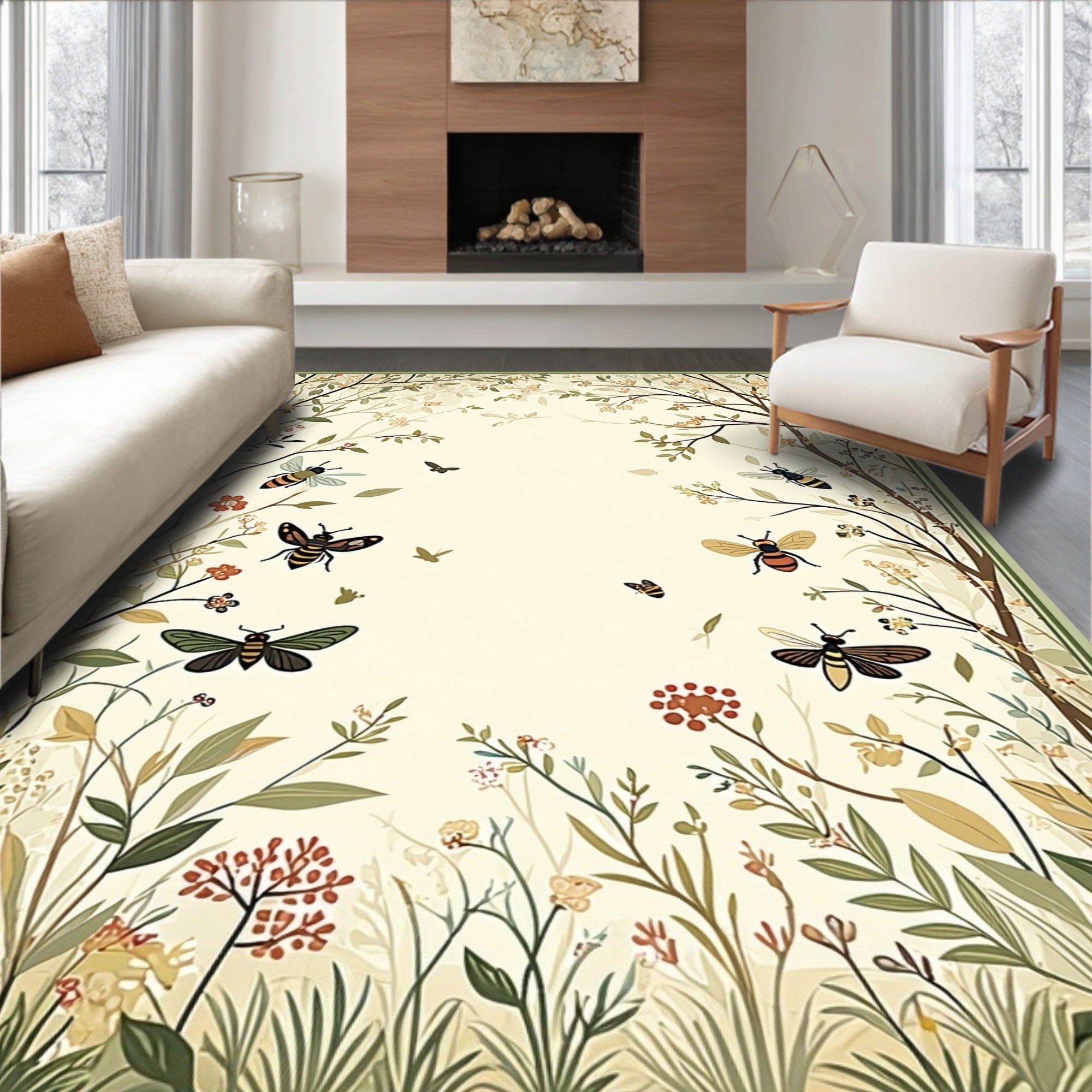 Nature Garden Bee Blossom Pattern Rug