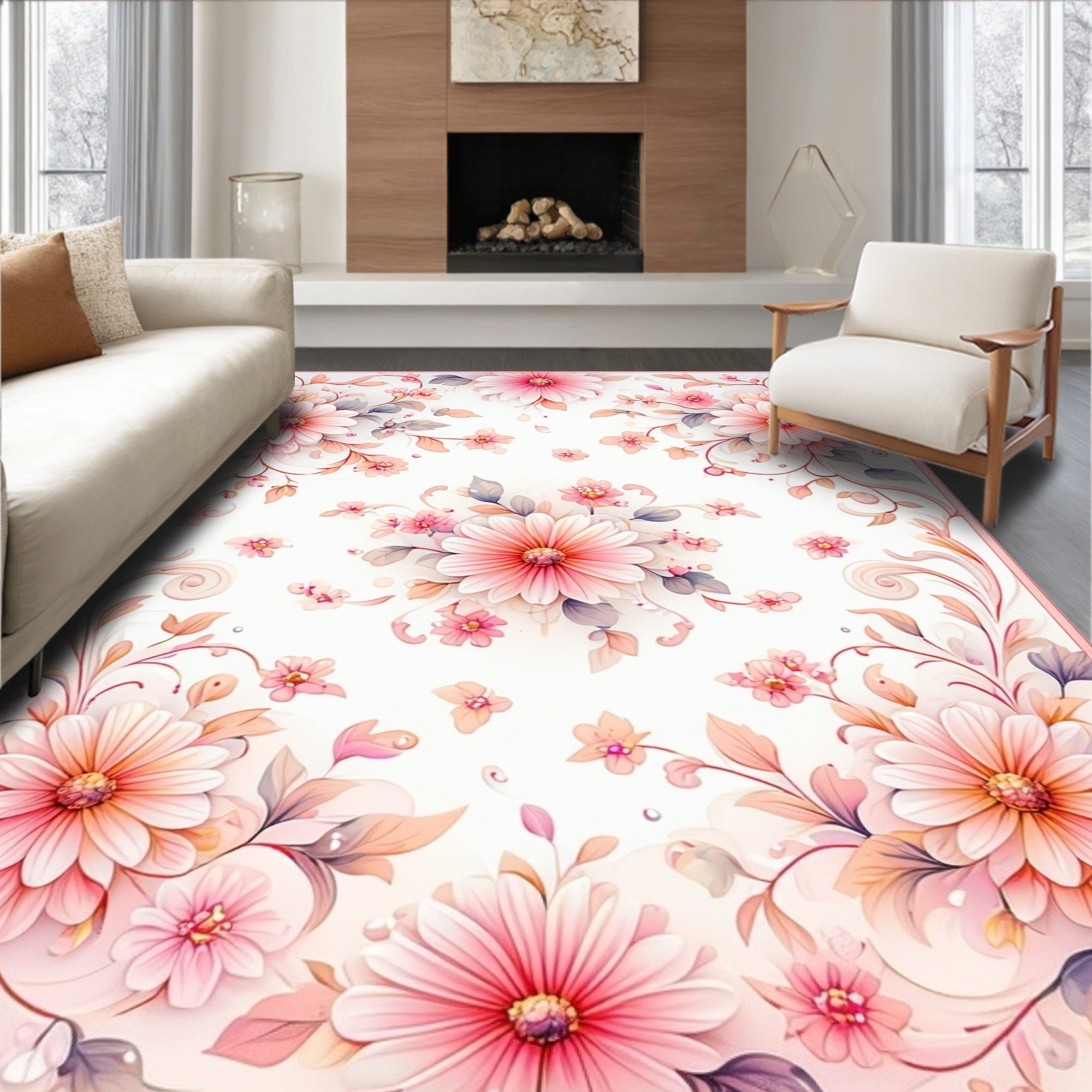 Delicate Pink Floral Swirl Pattern Rug