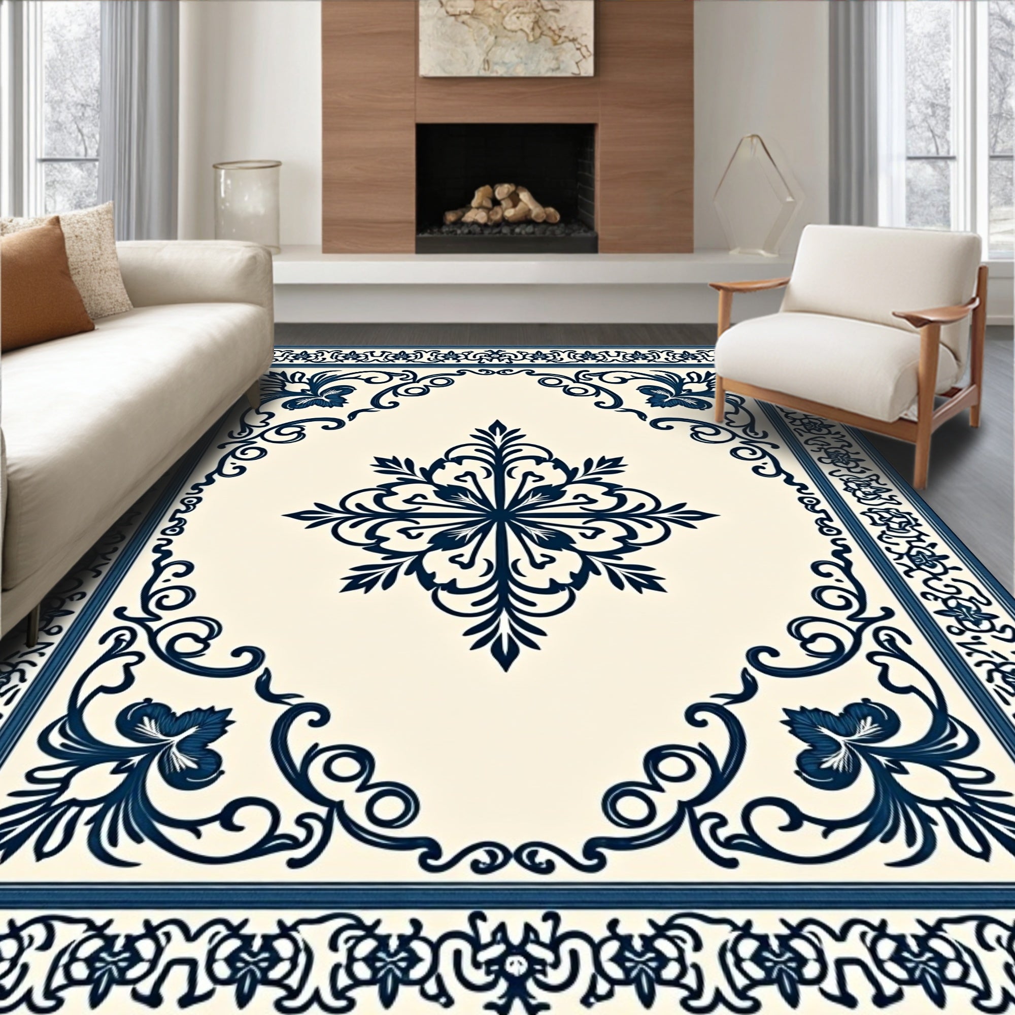 Navy Blue Vintage Floral Medallion Rug