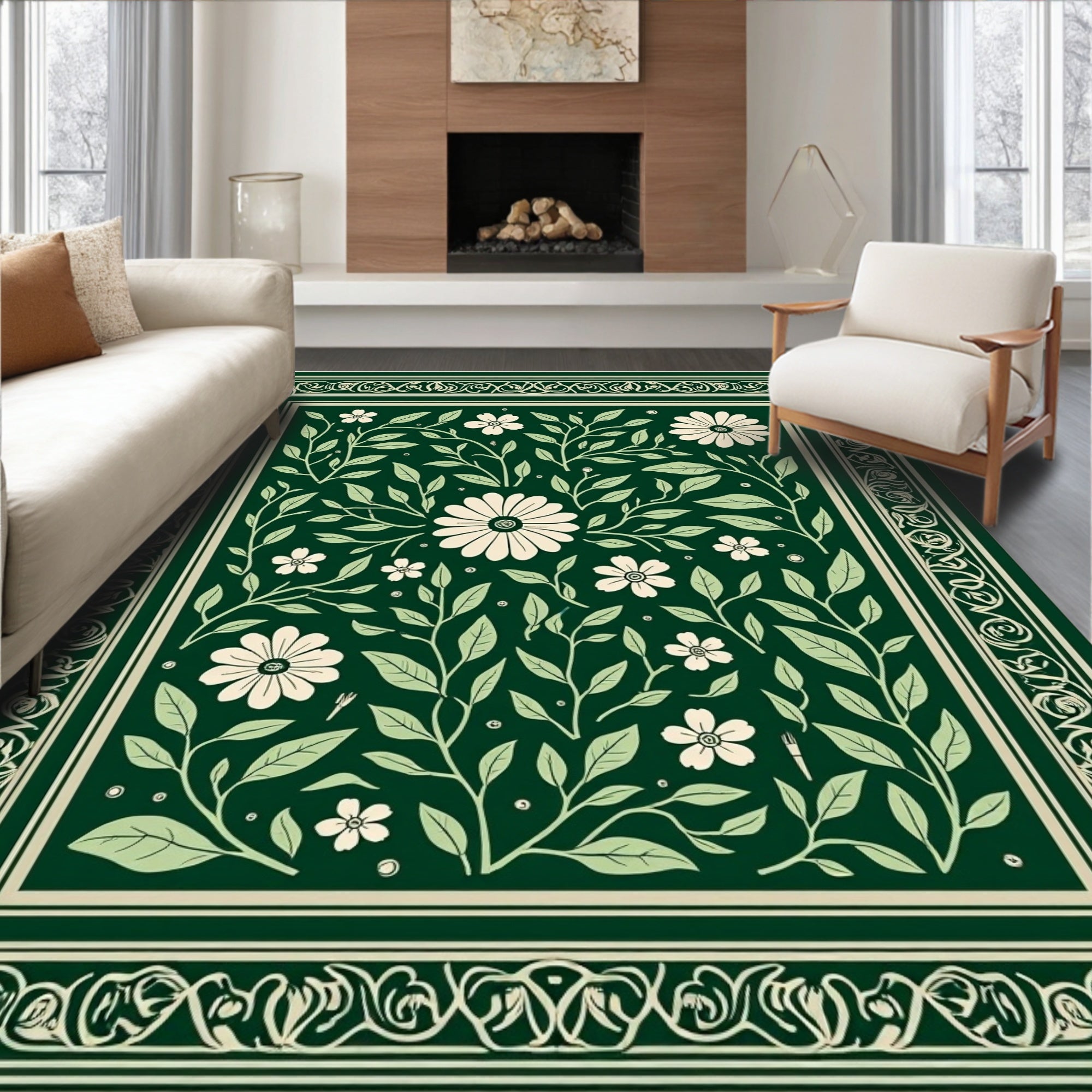 Dark Green Floral Botanical Rug