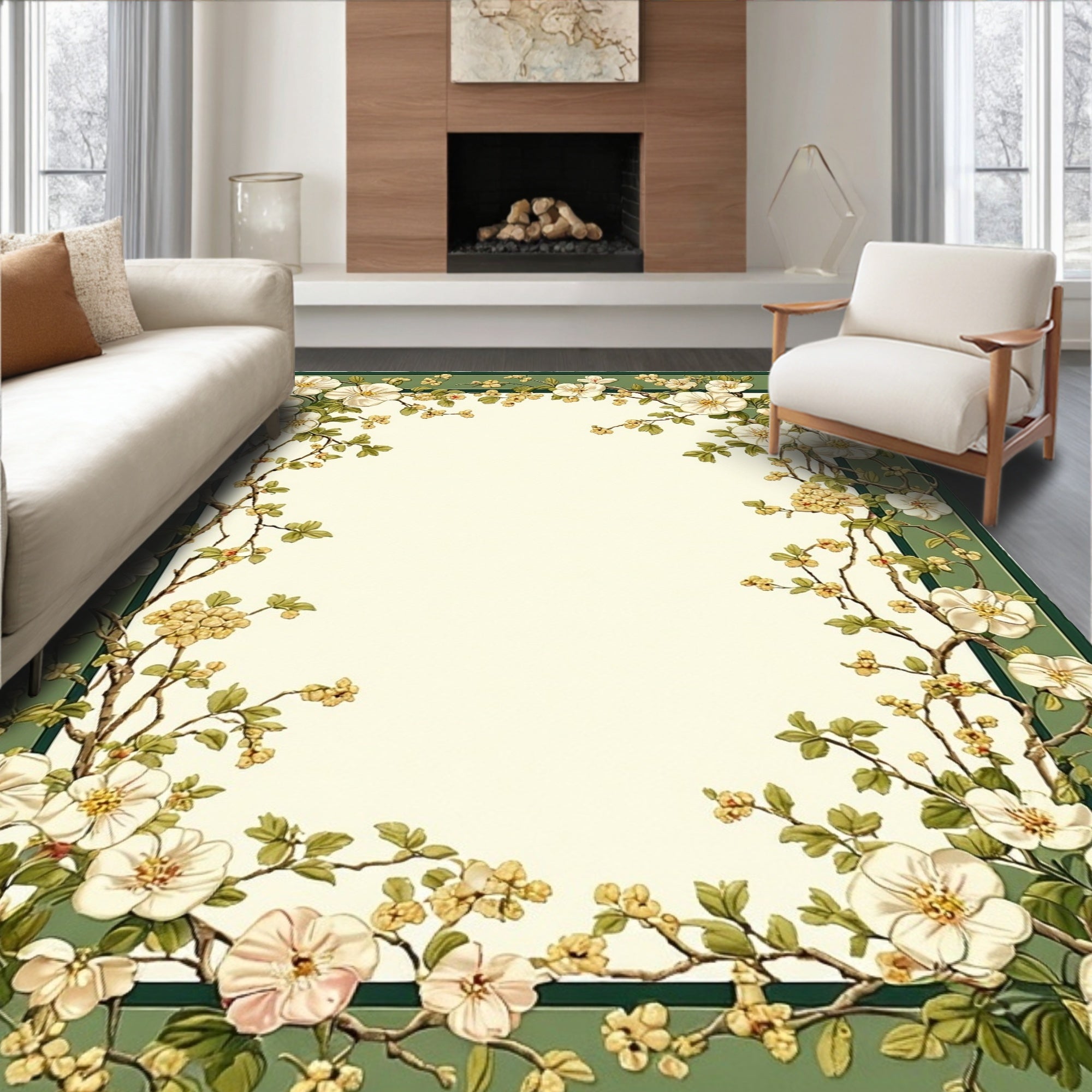 White Floral Branch Frame Design Rug