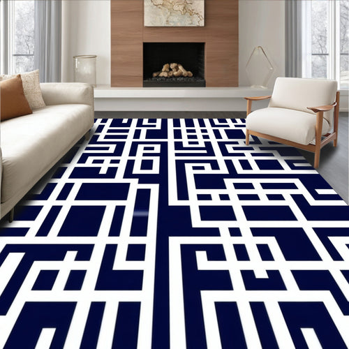 Abstract Labyrinth Blue White Pattern Rug
