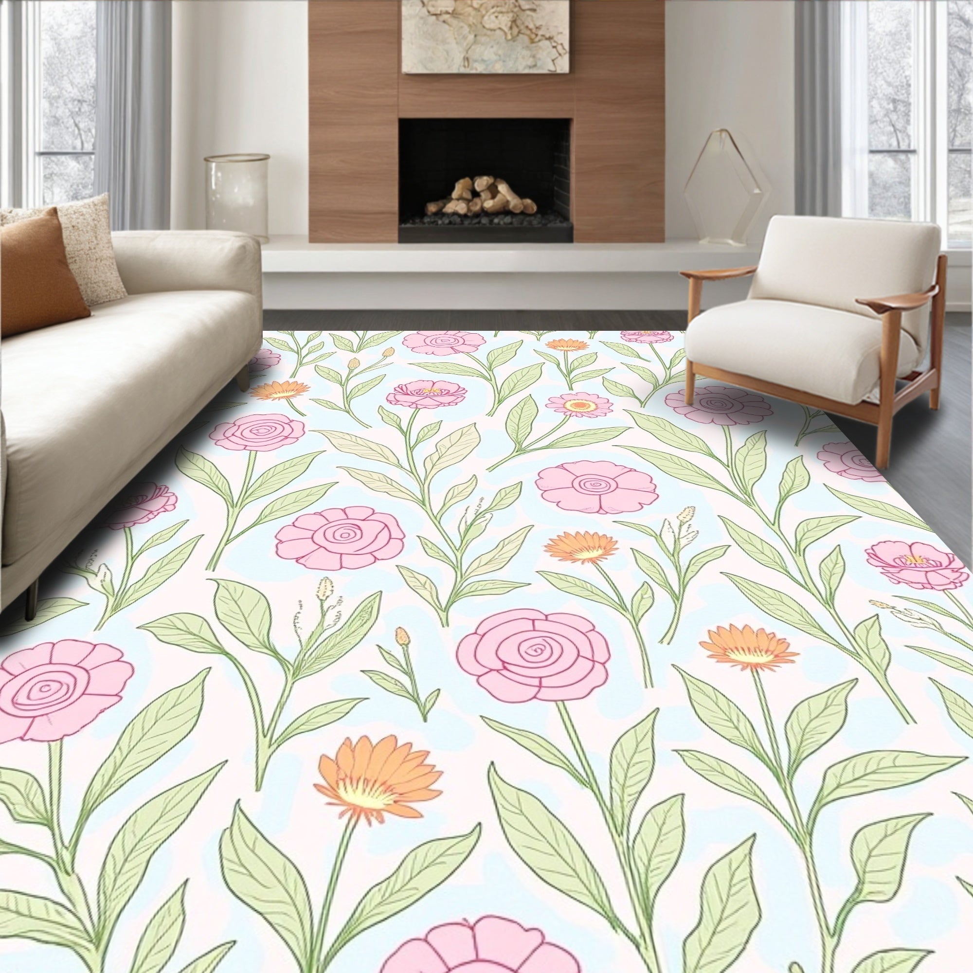 Pink Orange Floral Botanical Pattern Rug