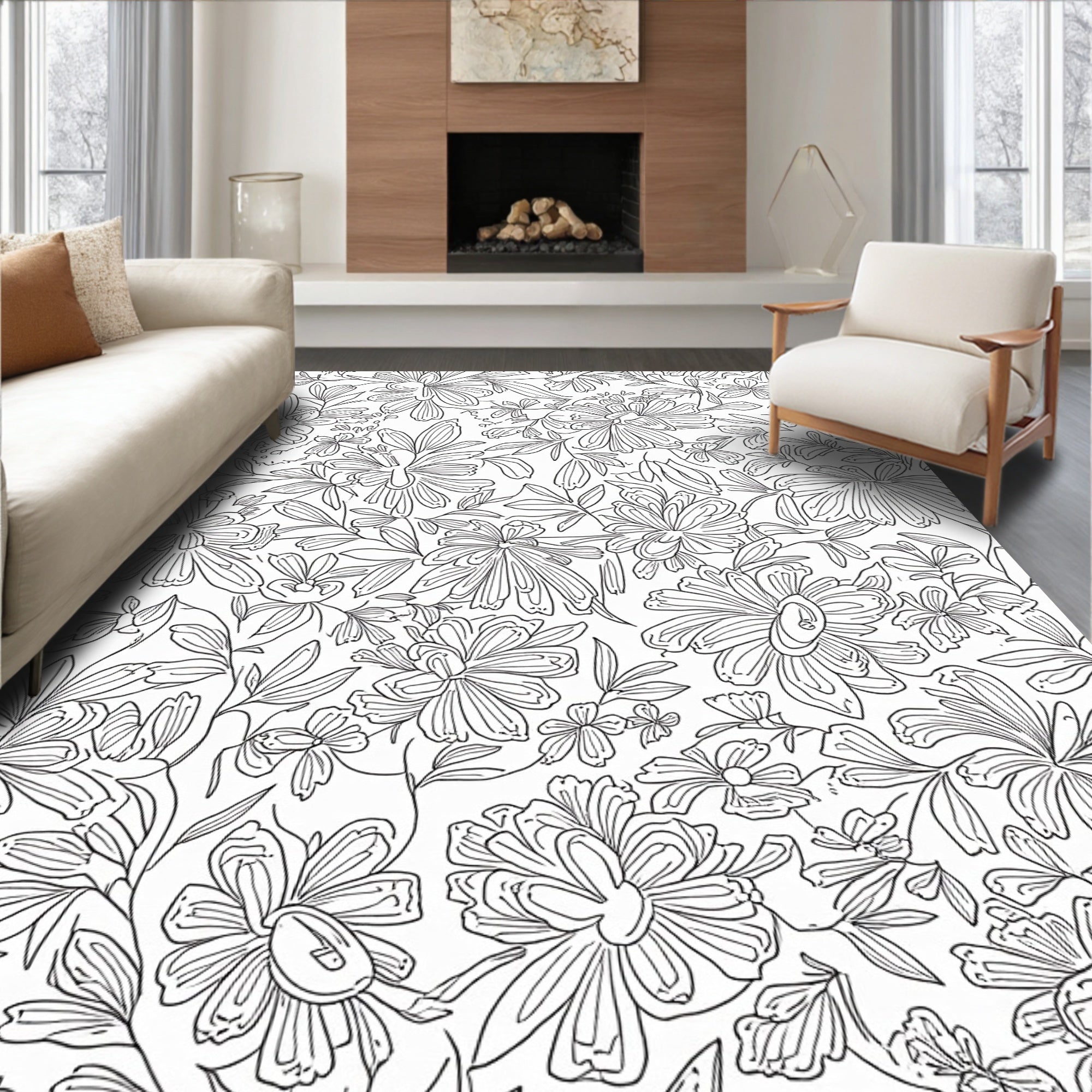 Outline Floral Botanical Pattern Rug