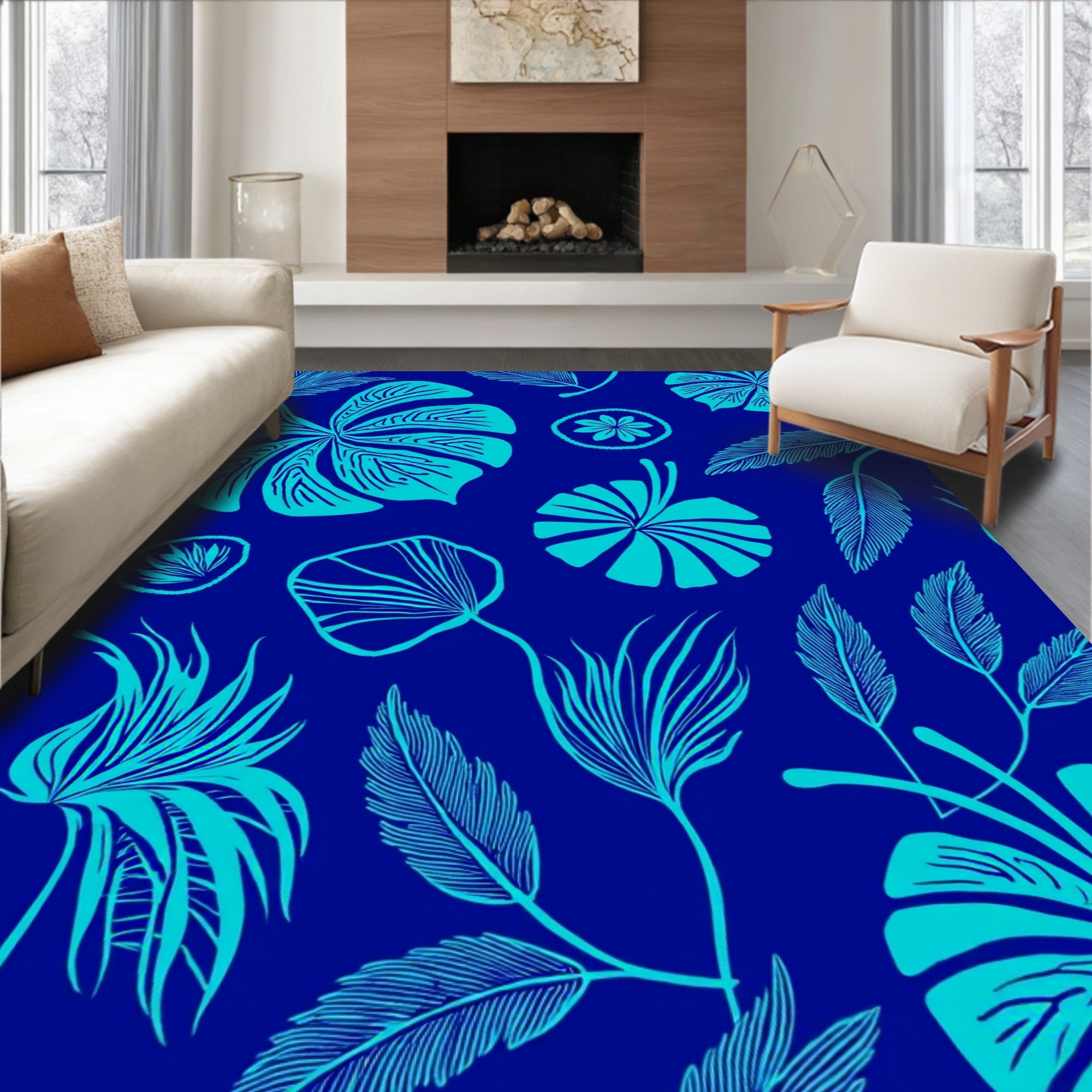 Tropical Blue Floral Botanical Design Rug