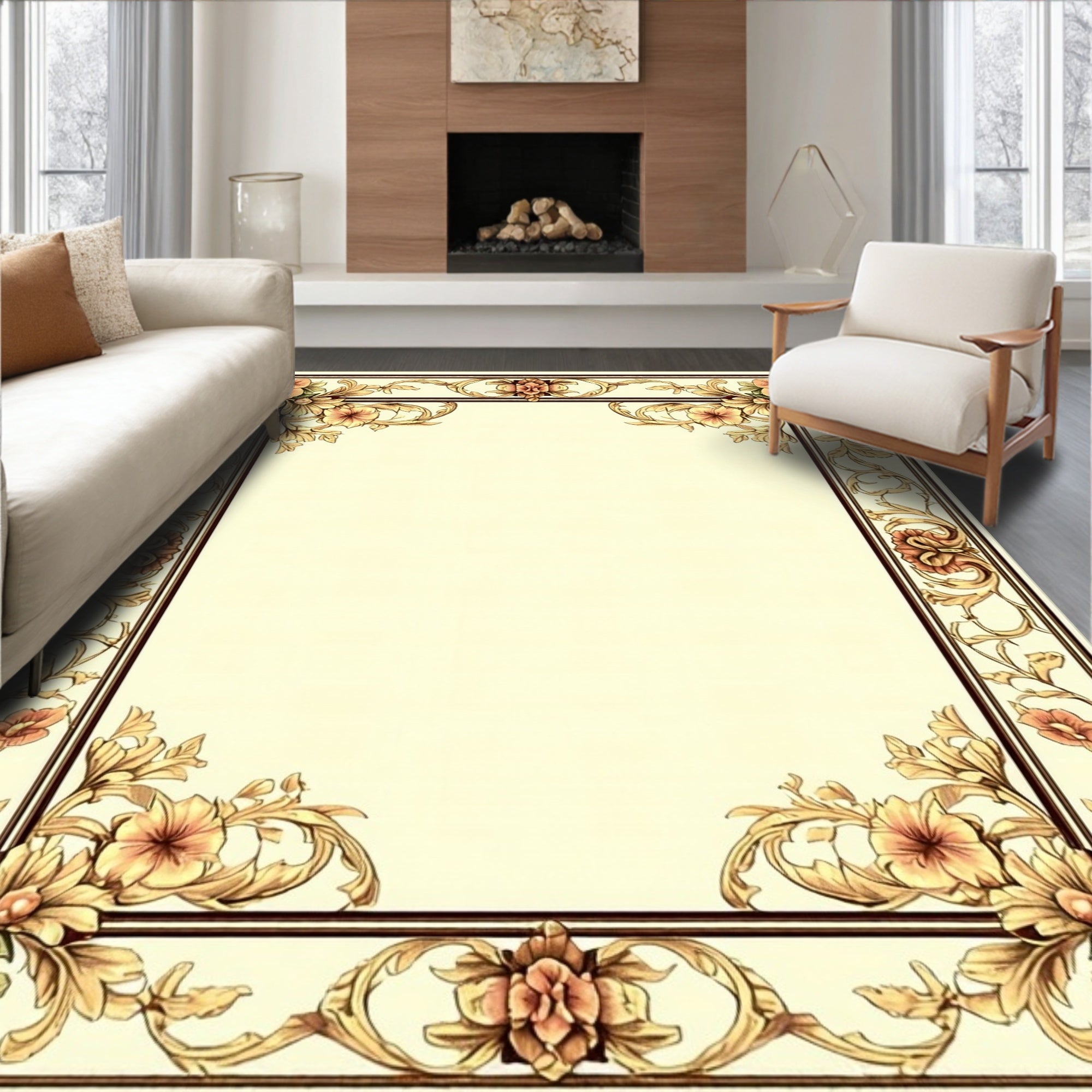 Ornate Floral Scrollwork Border Pattern Rug