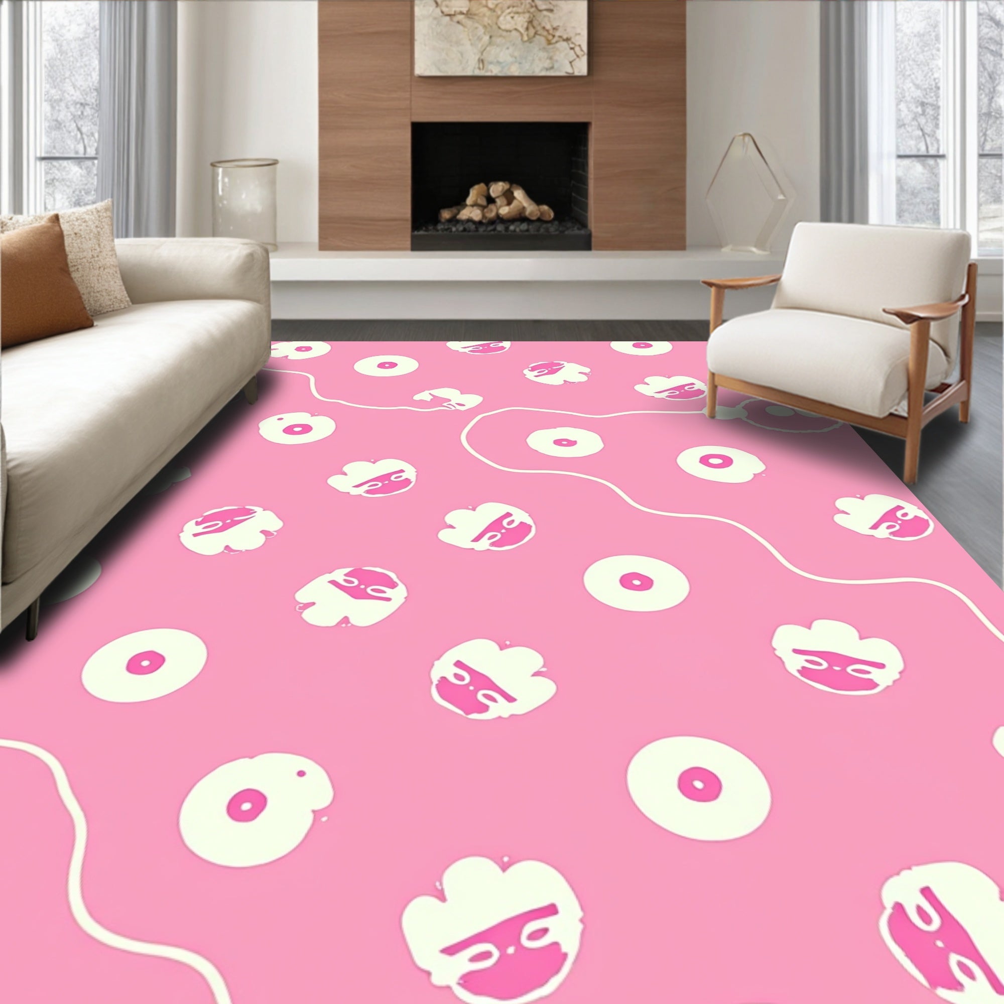 Playful Pink Floral Faces Pattern Rug