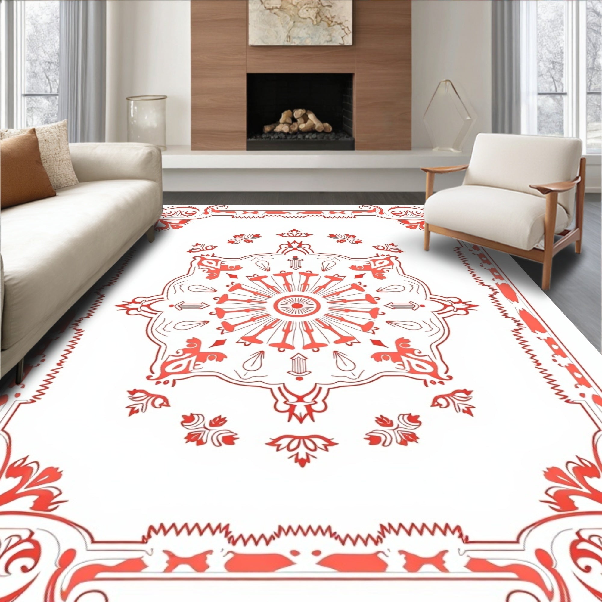 Ornate Coral Floral Mandala Rug