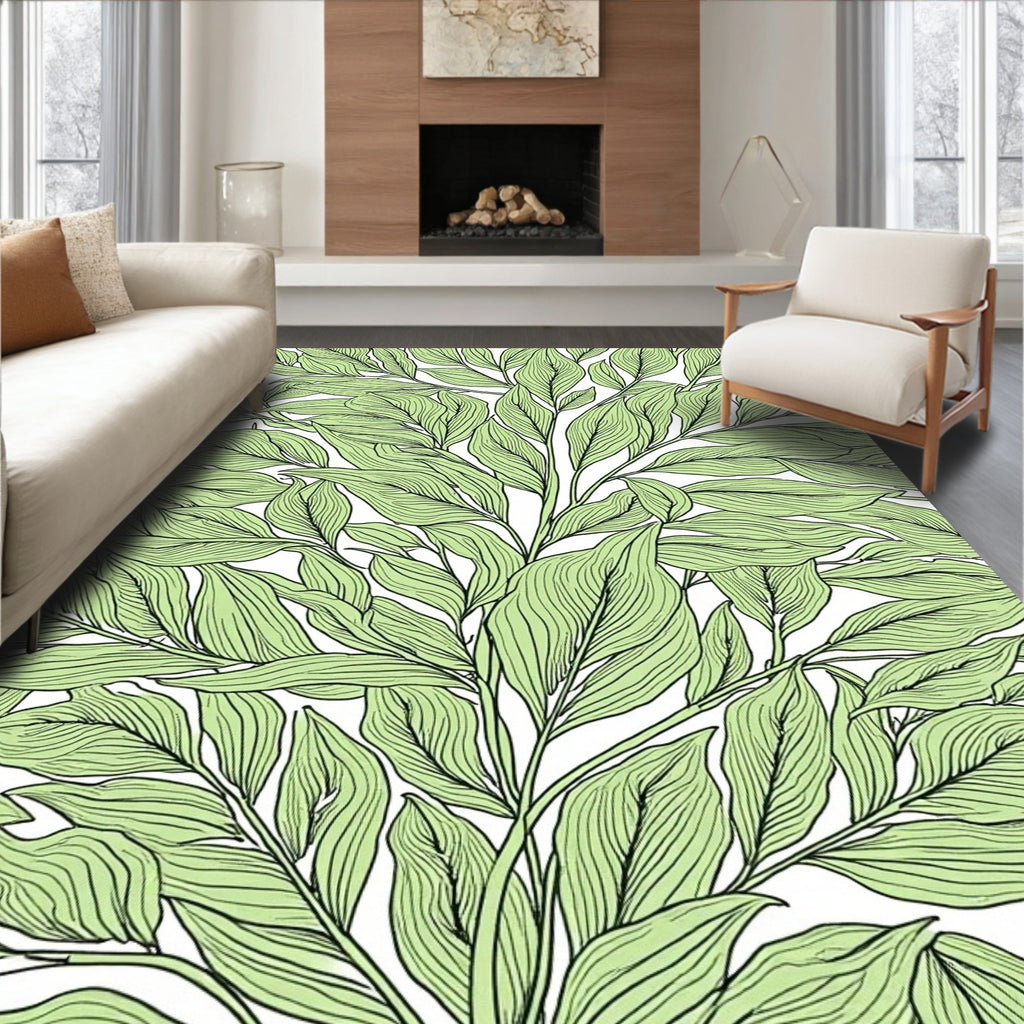 Lush Green Leaf Line Art Rug