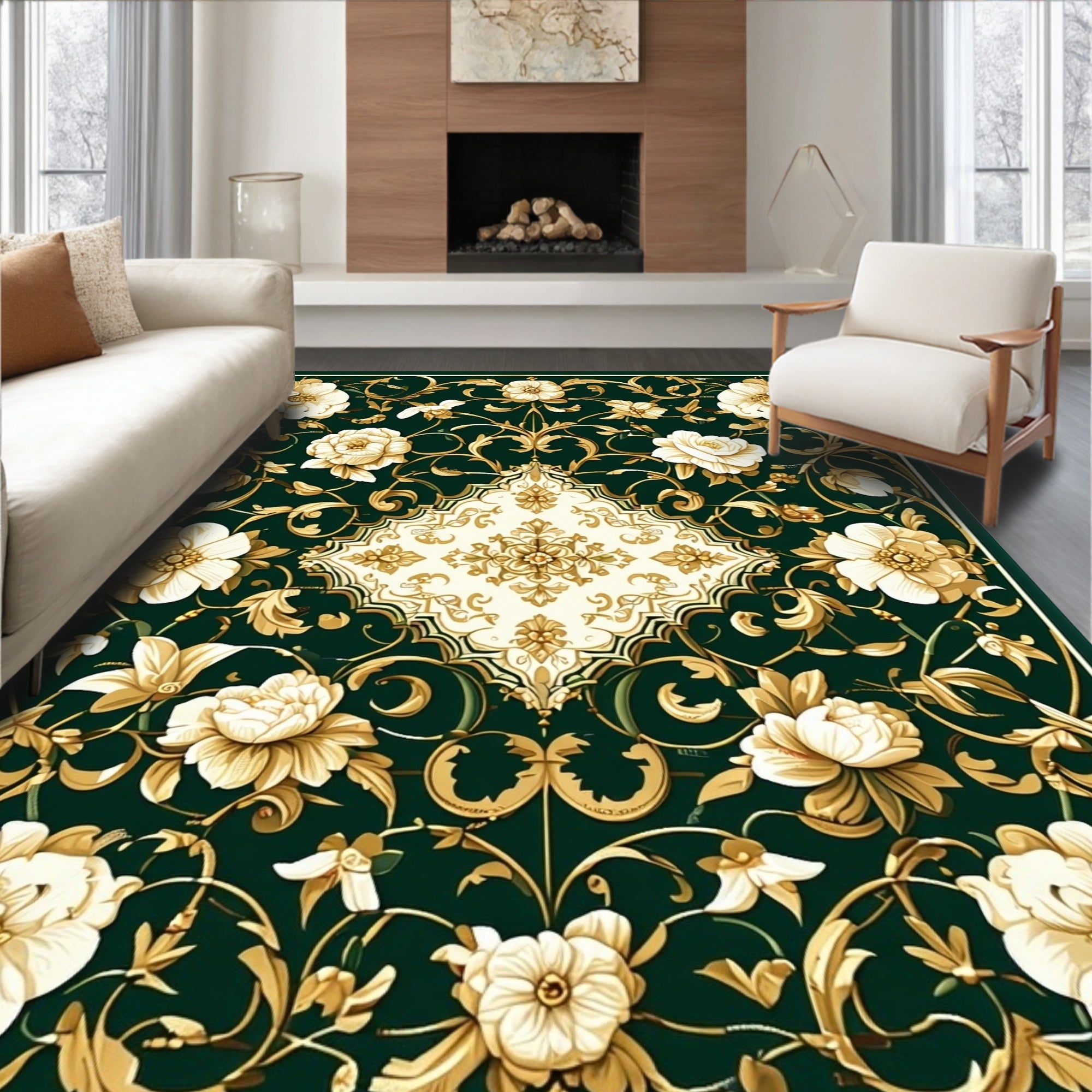 Elegant Floral Scrollwork Inset Rug