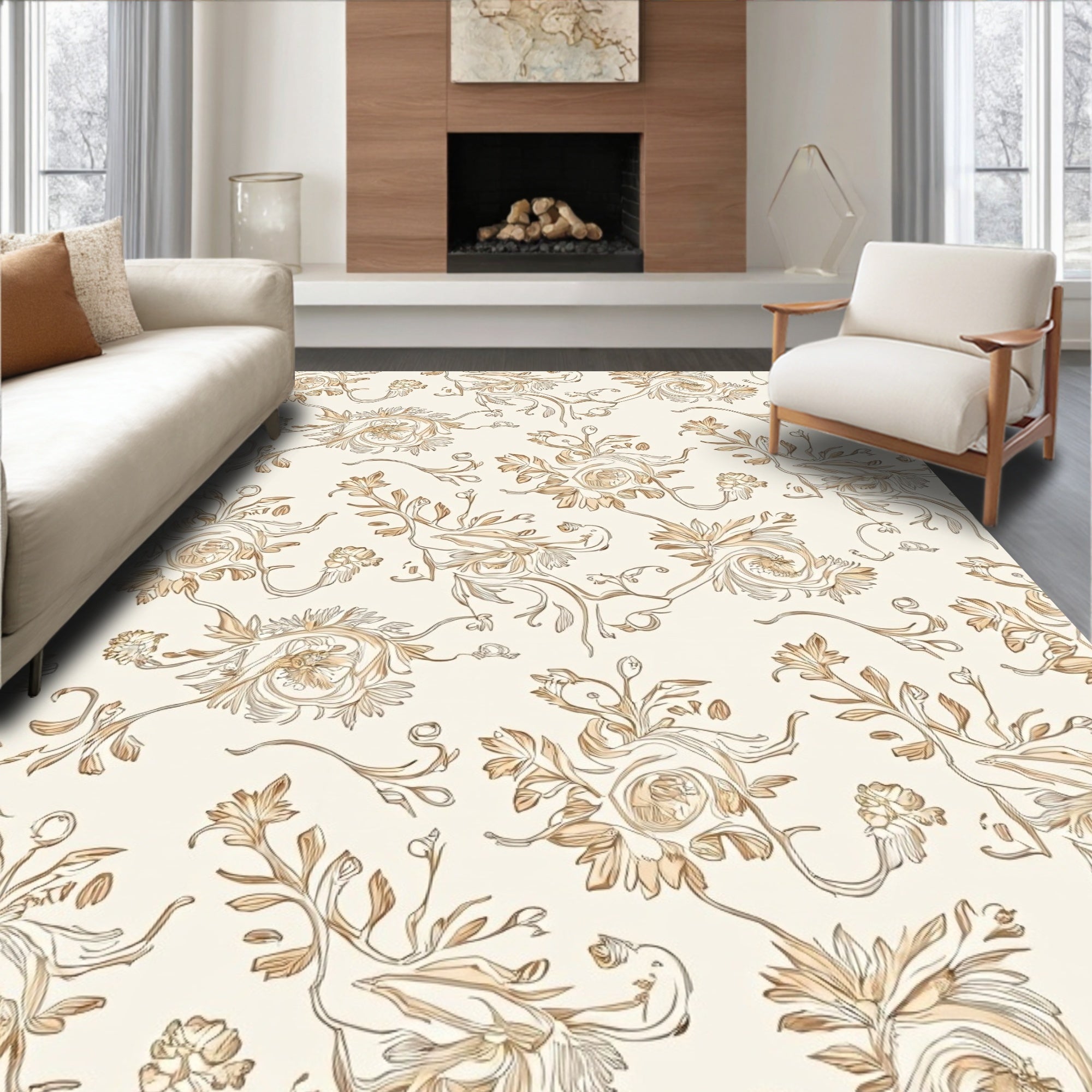 Chinoiserie Floral Swirls Beige Rug