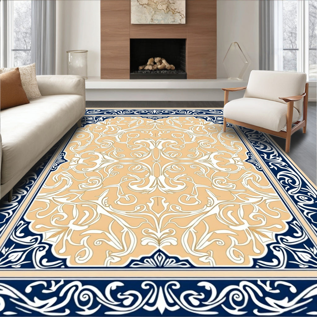 Ornate Cream Navy Floral Scroll Rug