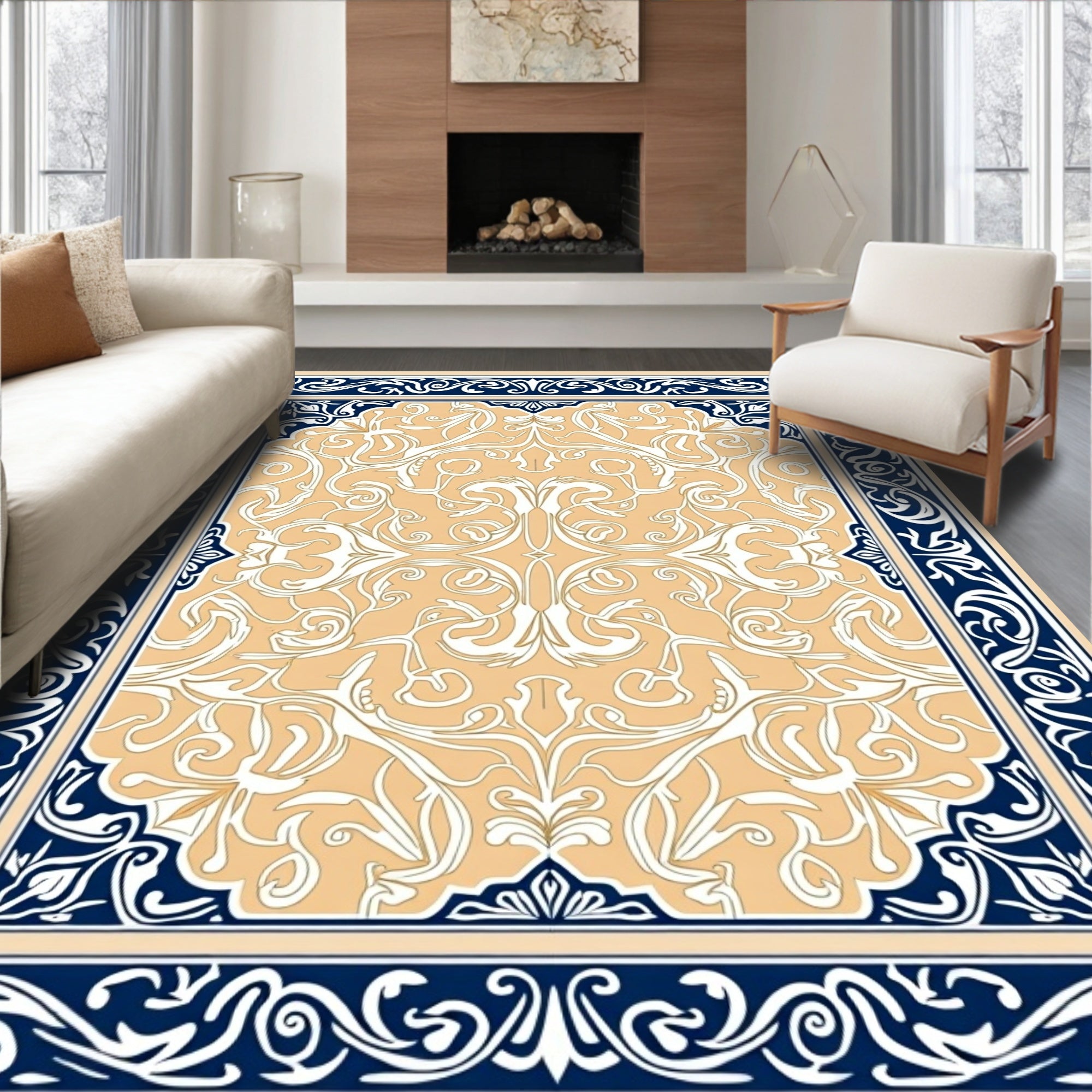 Ornate Cream Navy Floral Scroll Rug