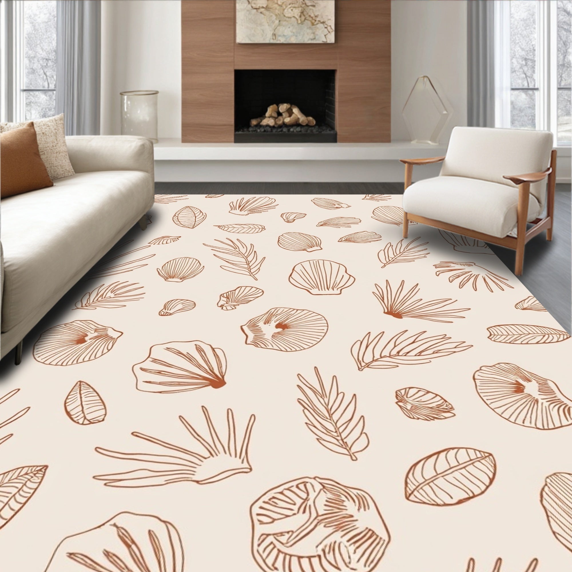Seashell Leaf Botanical Line Art Rug