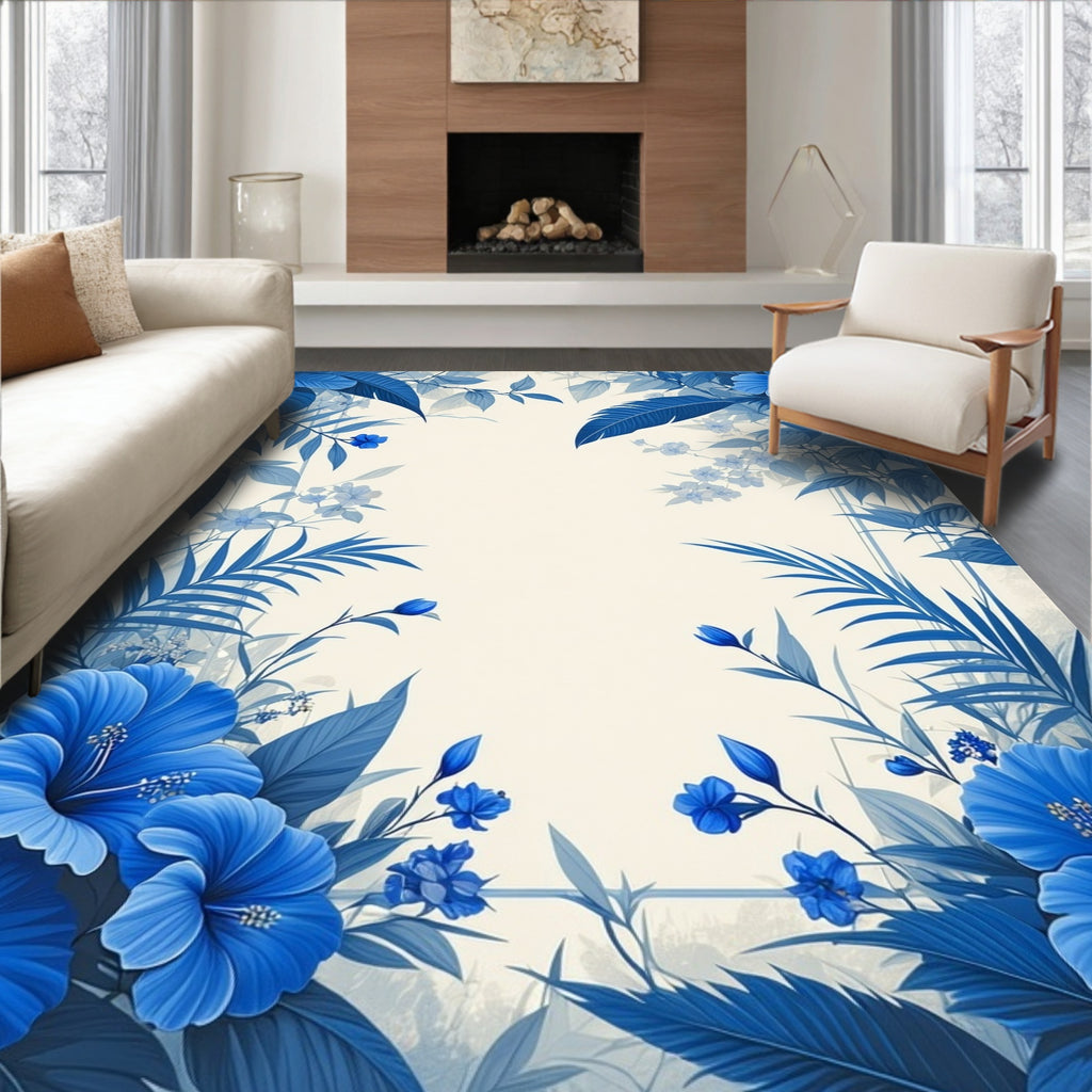 Vibrant Blue Floral Leaves Pattern Rug