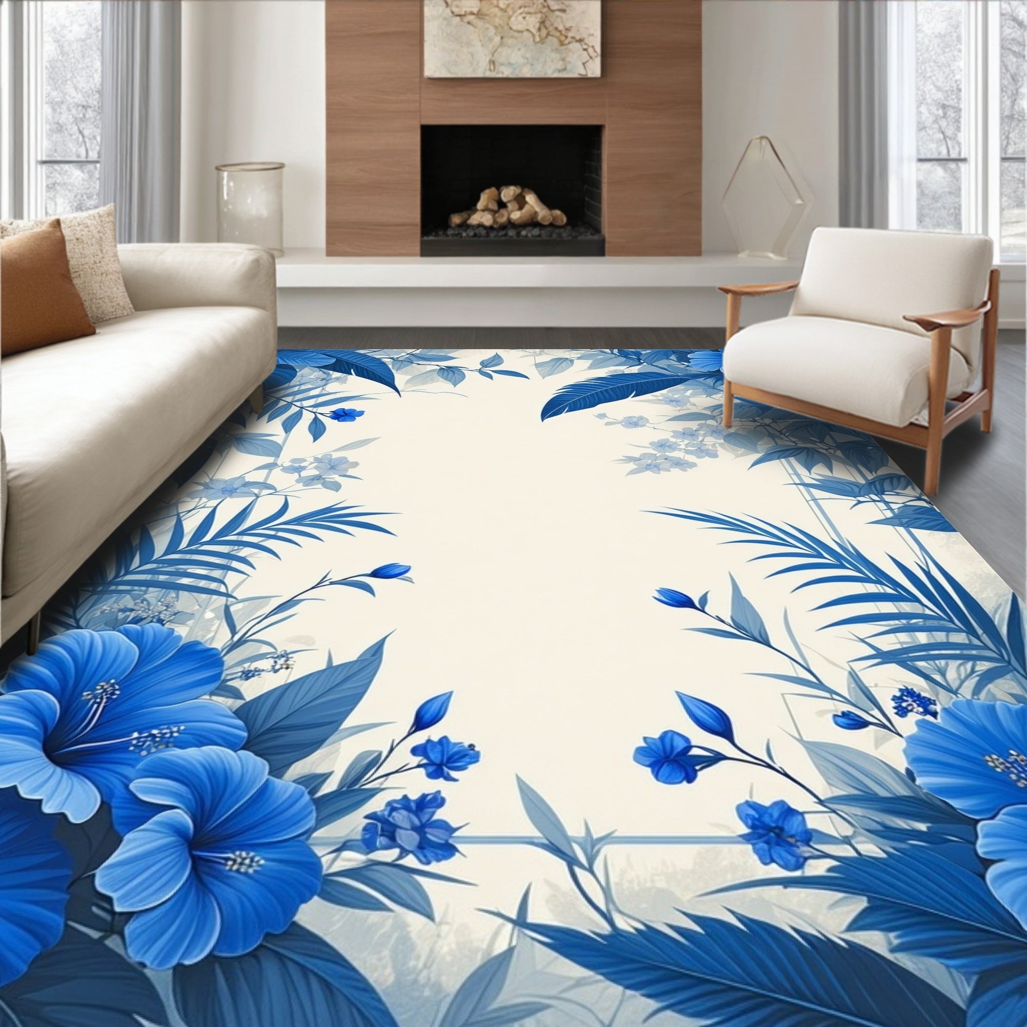 Vibrant Blue Floral Leaves Pattern Rug
