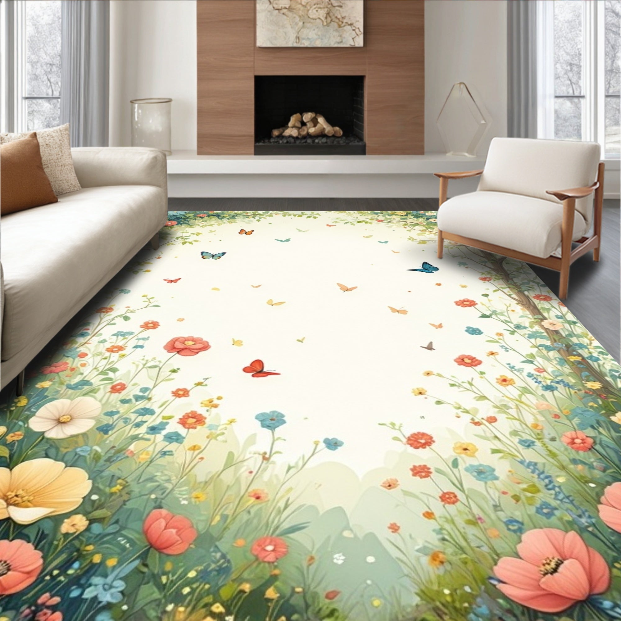 Whimsical Garden Fluttering Butterflies Rug
