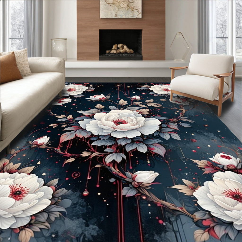 Dark Floral Botanical Painting Pattern Rug