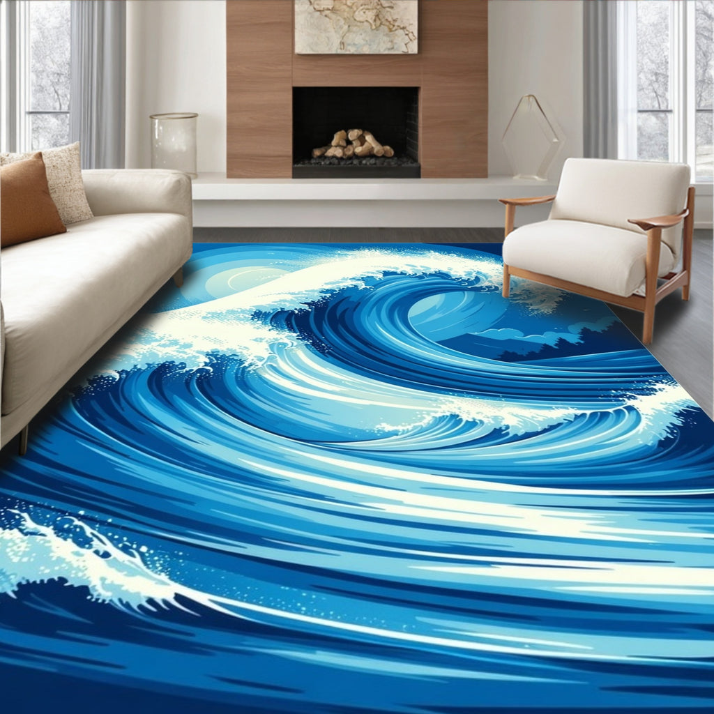 Dynamic Blue Ocean Wave Pattern Rug