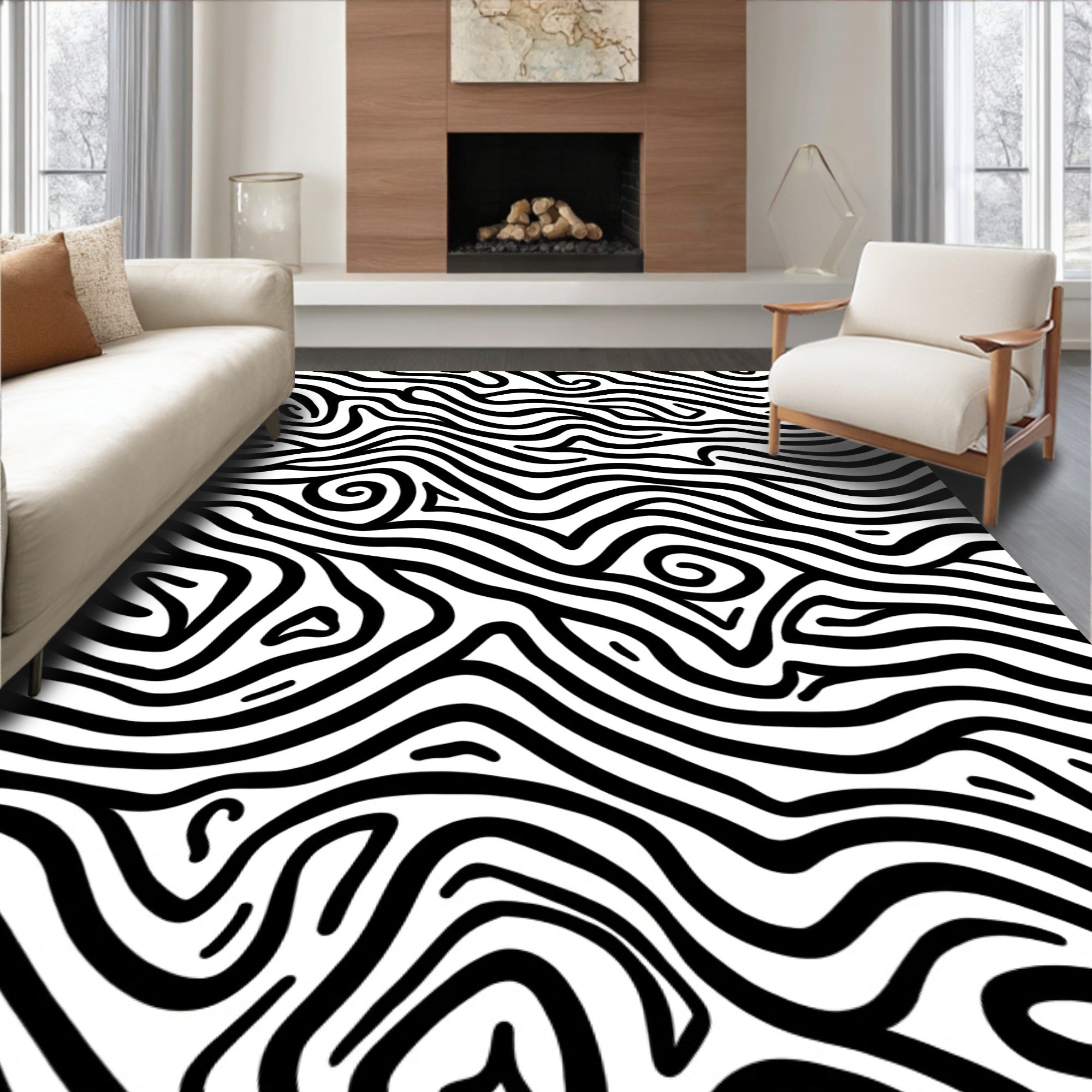 Abstract Black White Swirl Pattern Rug