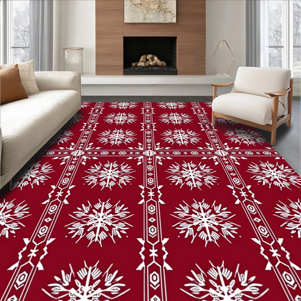 Crimson Snowflake Geometric Border Rug