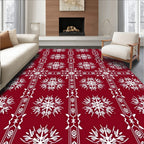 Crimson Snowflake Geometric Border Rug