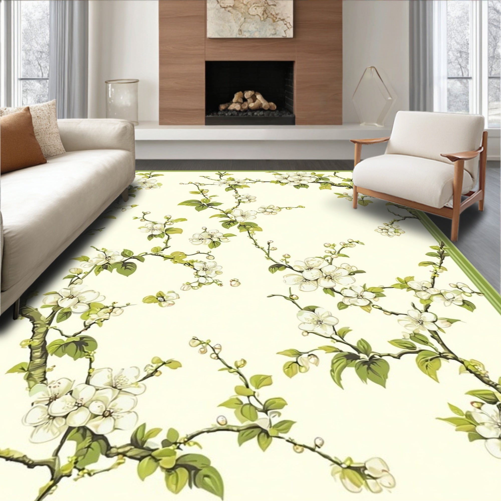 Delicate White Blossoms Throughout Pattern Rug