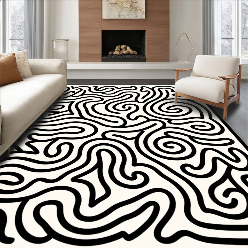 Abstract Black Swirls Maze Rug