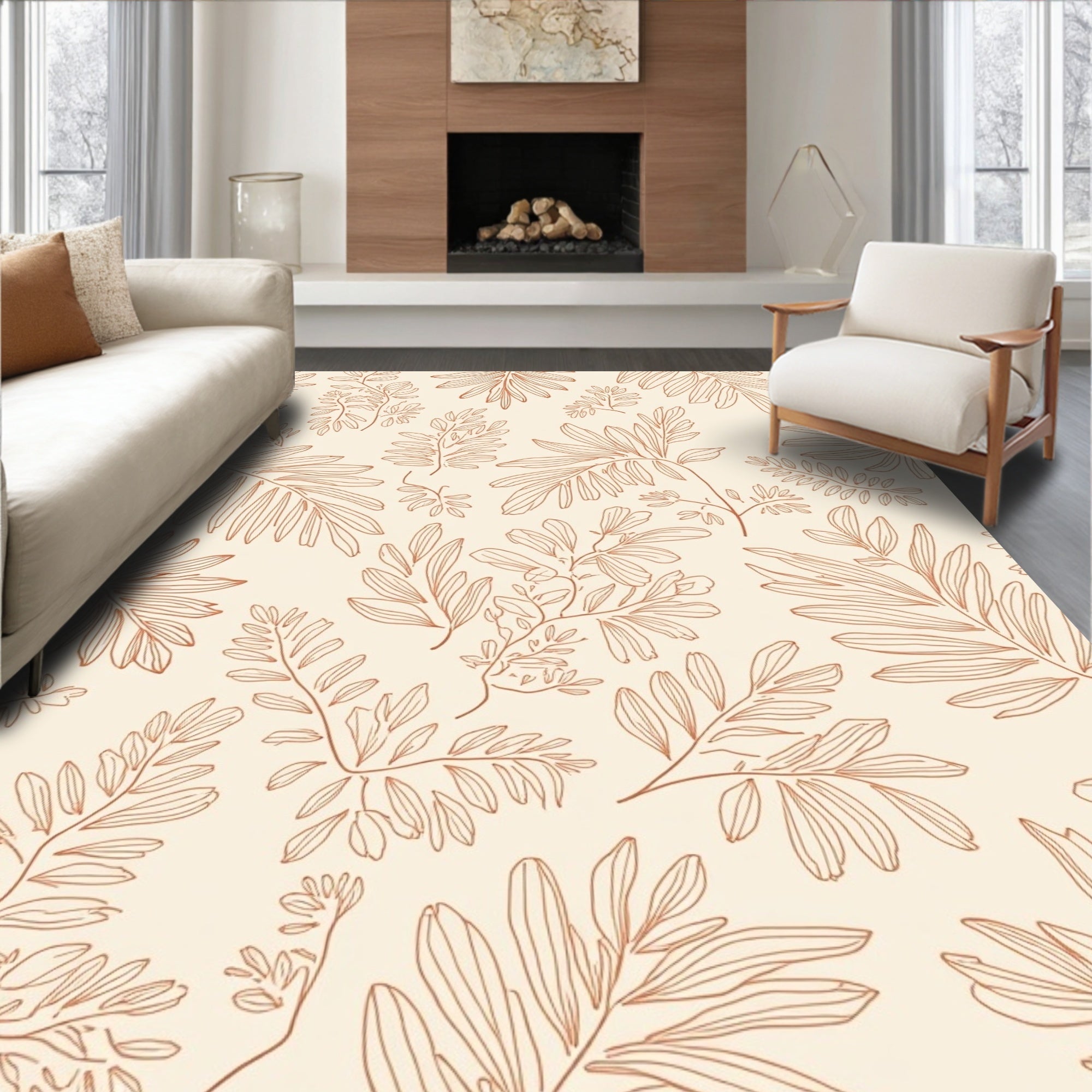 Terracotta Floral Outline Pattern Rug