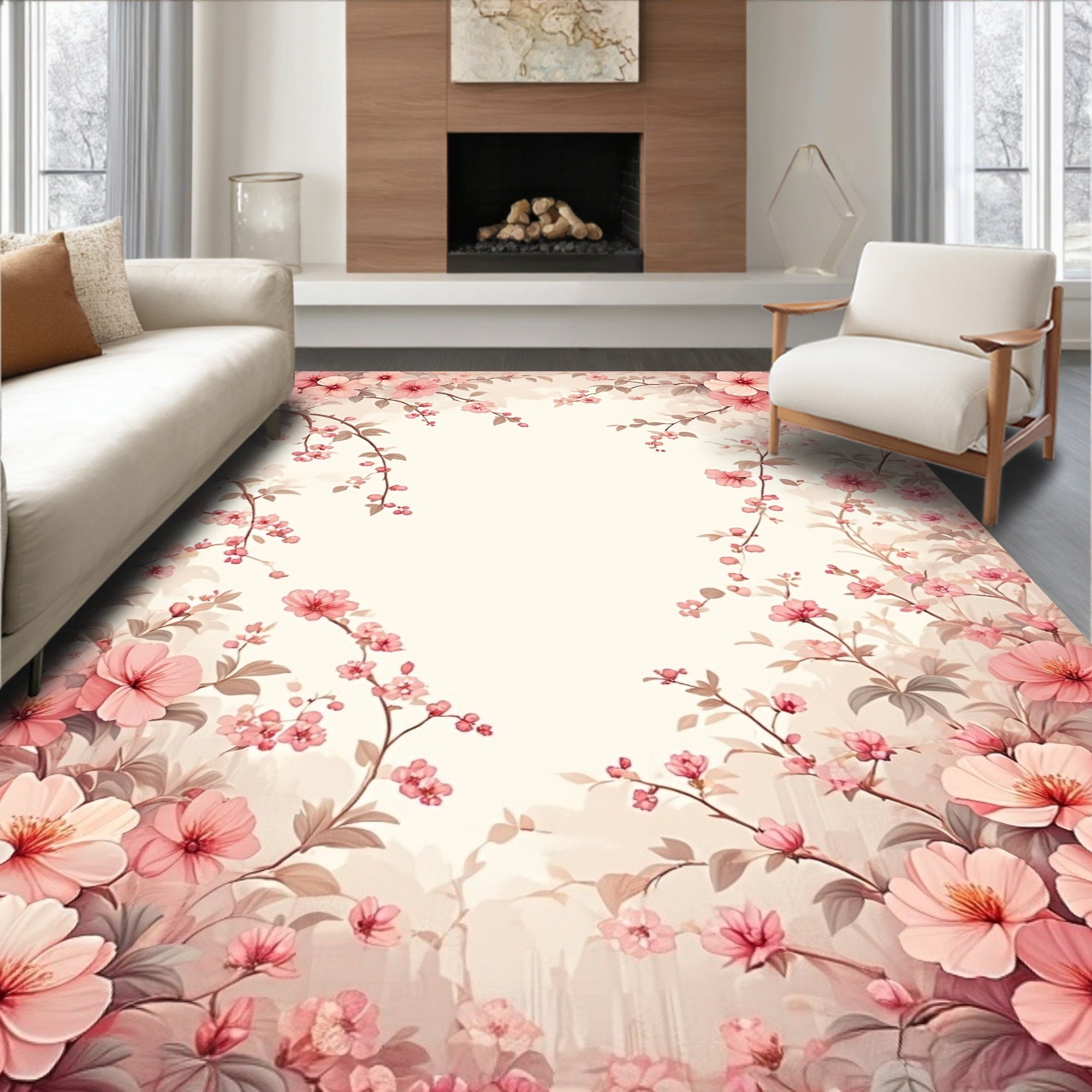Pink Floral Branches Whimsical Design Rug