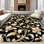 Black Floral Vine Scroll Patterned Rug