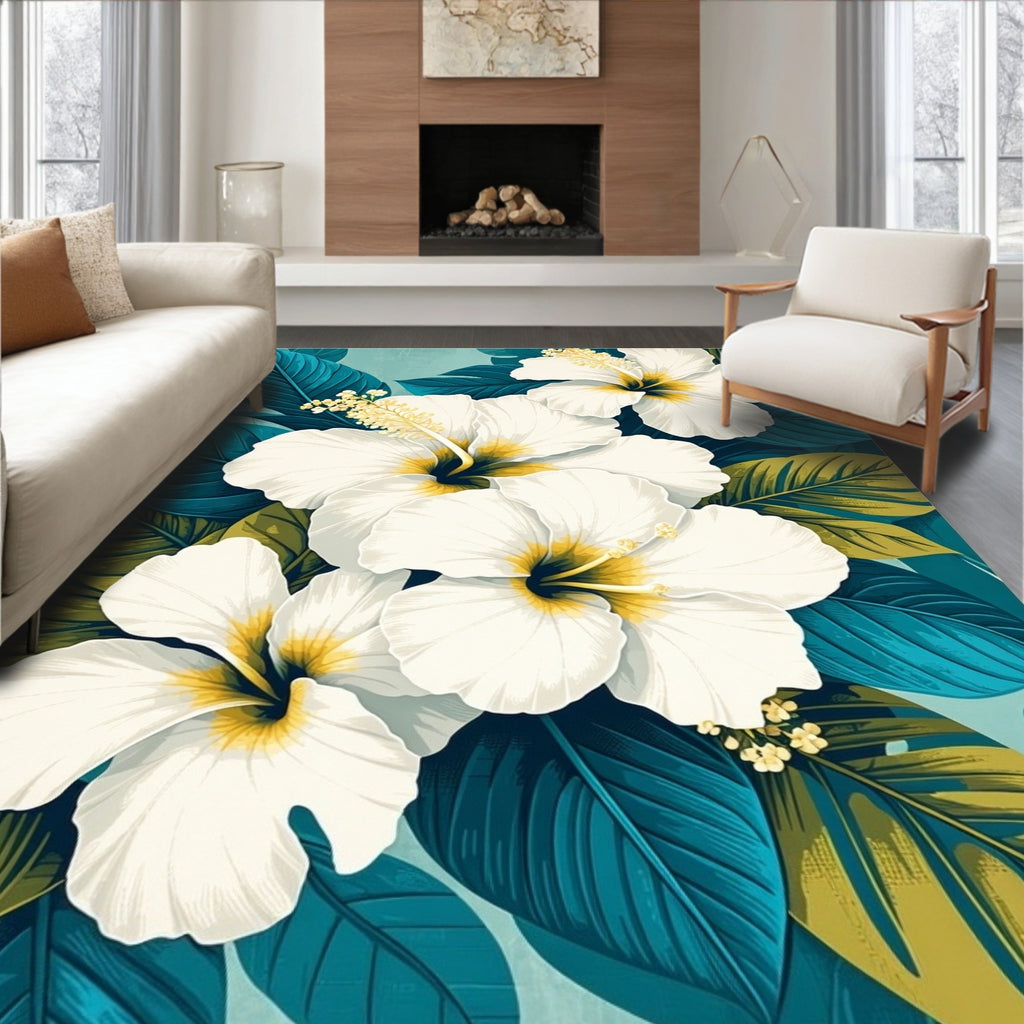 White Hibiscus Tropical Floral Design Rug