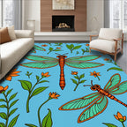 Orange Dragonfly Floral Illustration Blue Rug