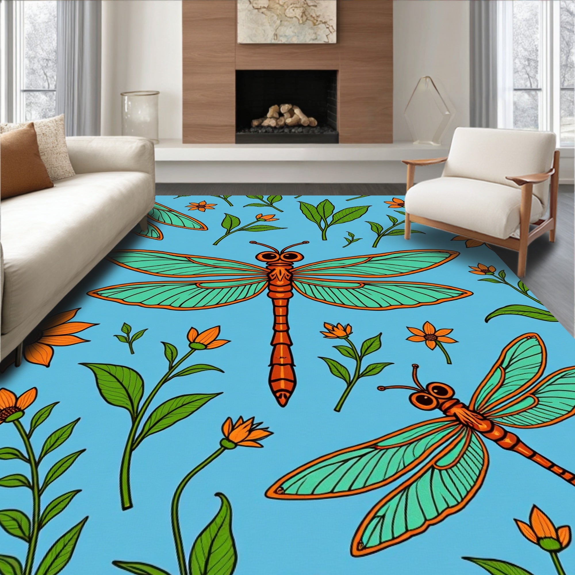 Orange Dragonfly Floral Illustration Blue Rug