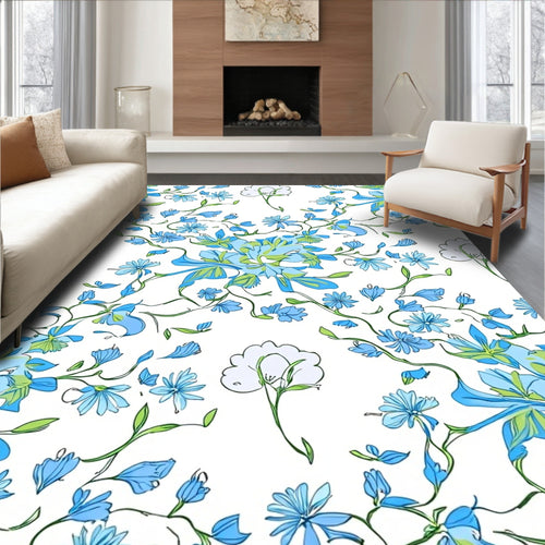 Abstract Blue Floral Vine Design Rug