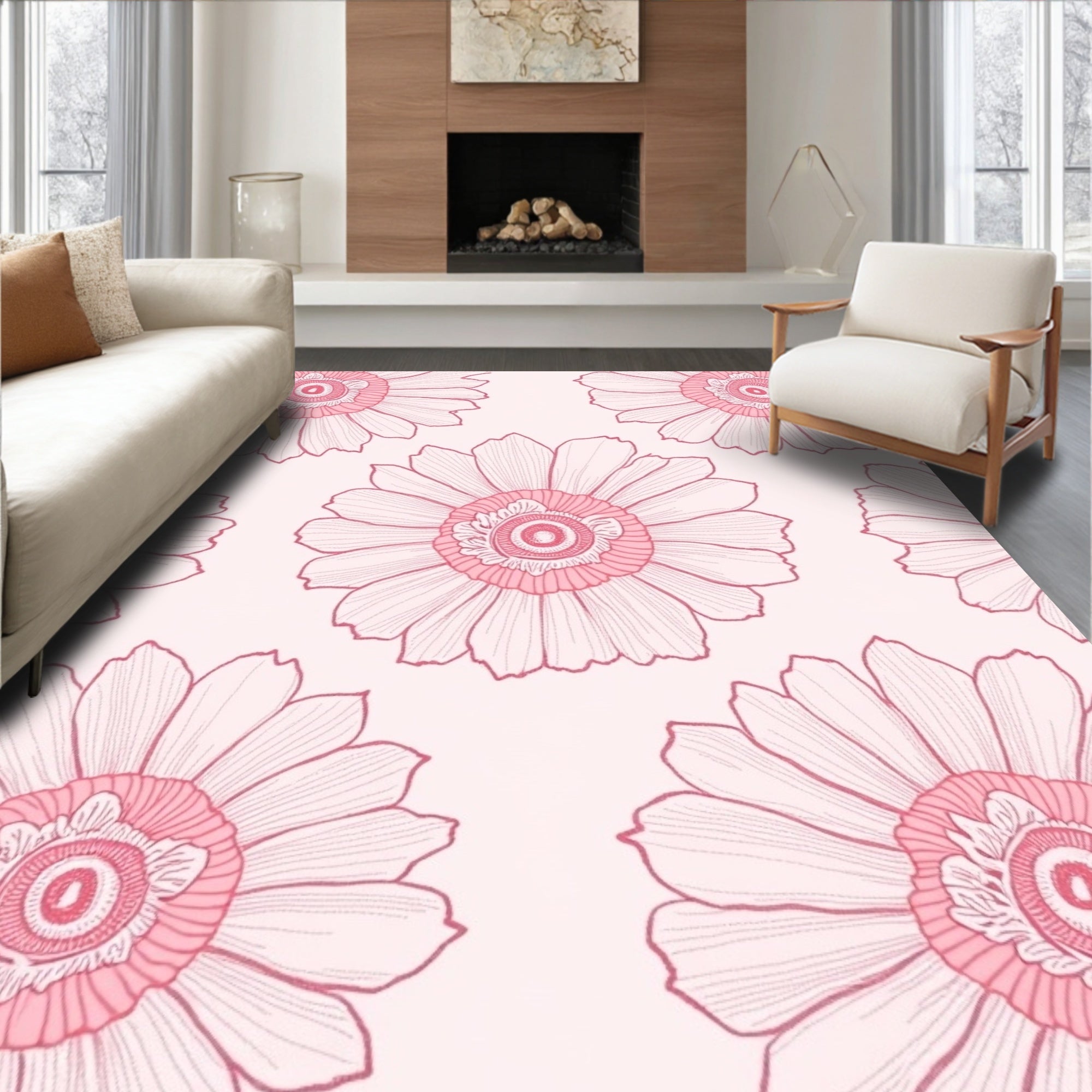 Pink Floral Outline Pattern Rug