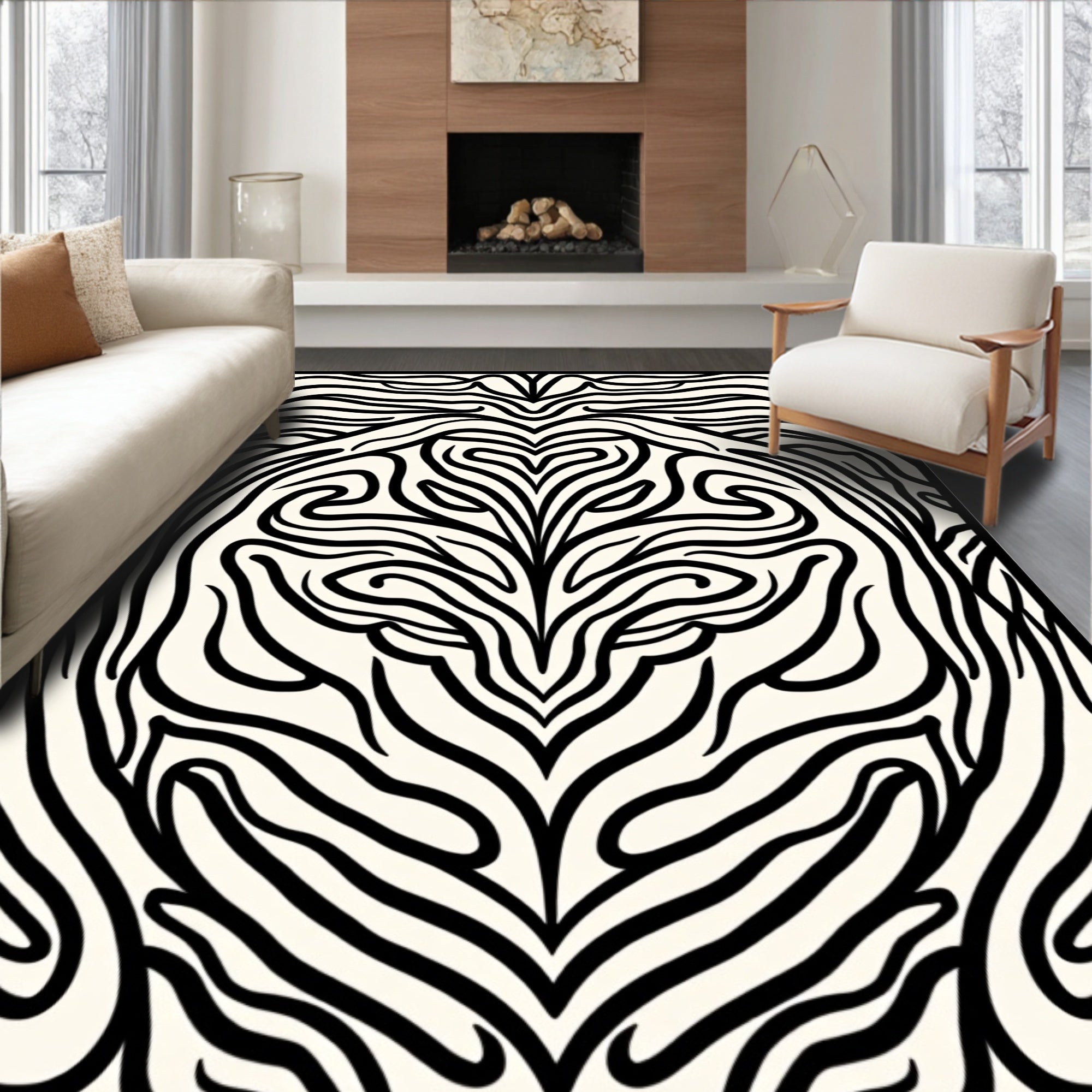 Bold Black White Flowing Waves Rug