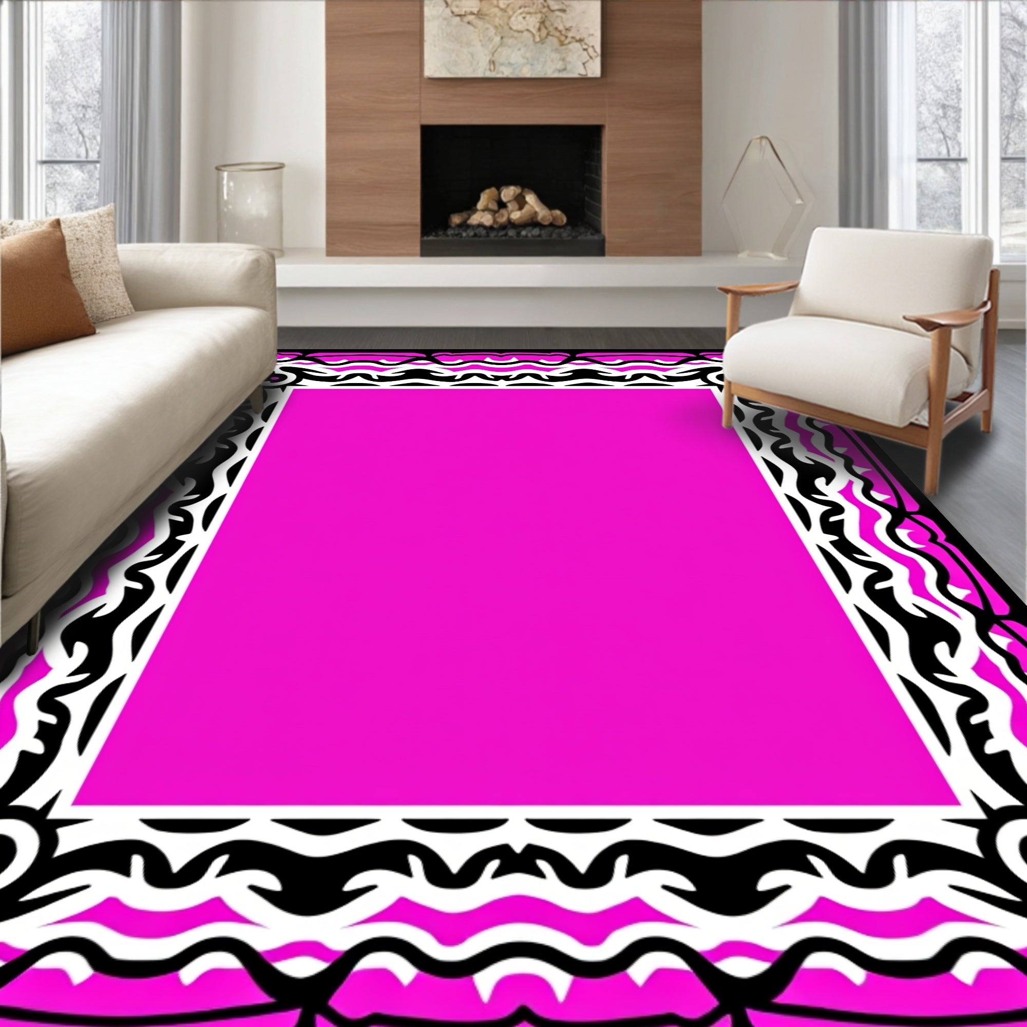 Bold Black White Pink Frame Rug