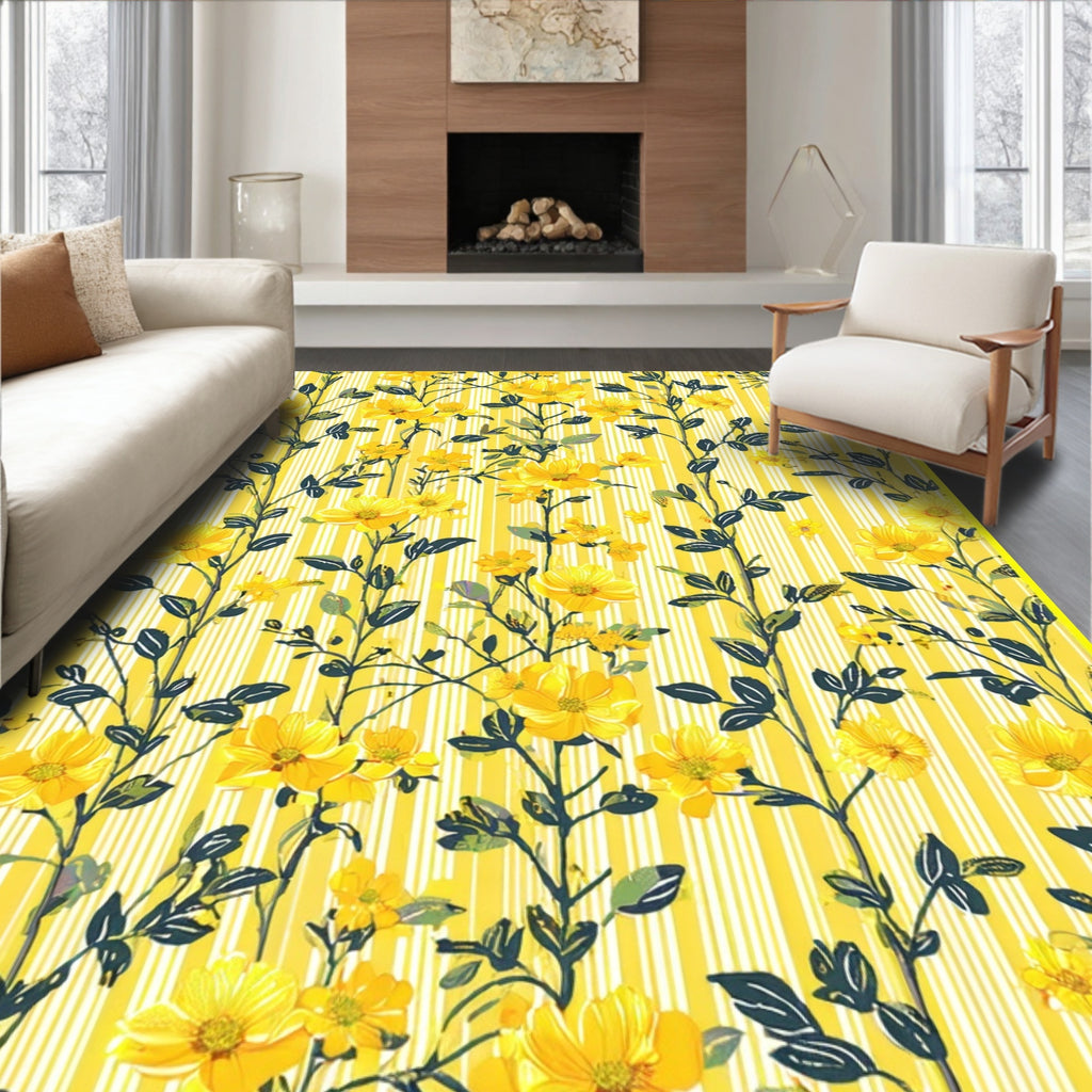 Yellow Floral Vines On Striped Background Rug