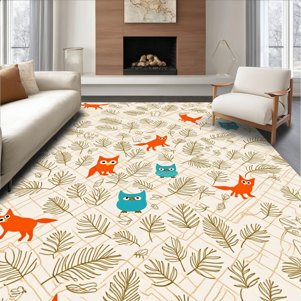 Whimsical Owls 2 Foxes Nature Pattern Rug
