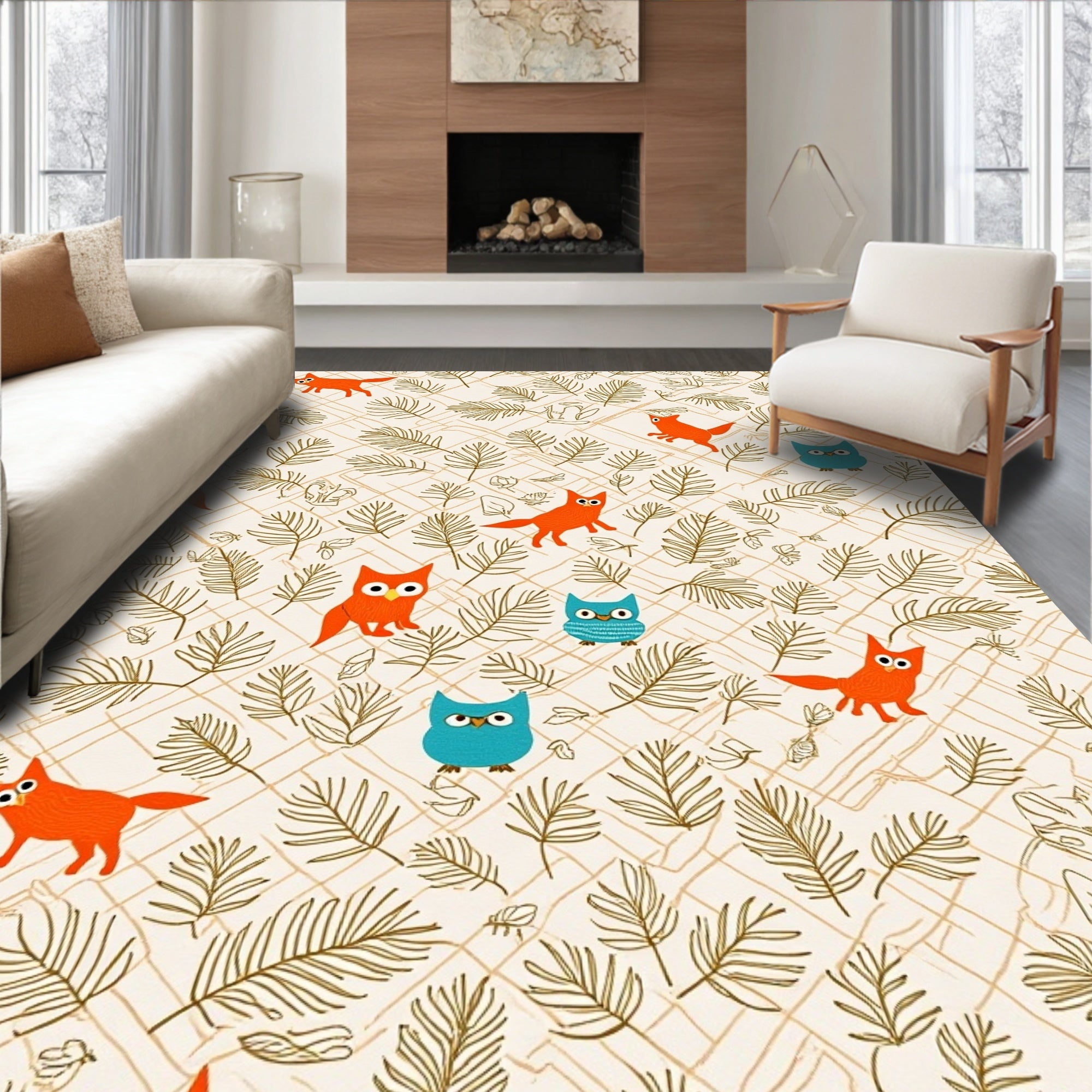 Whimsical Owls 2 Foxes Nature Pattern Rug